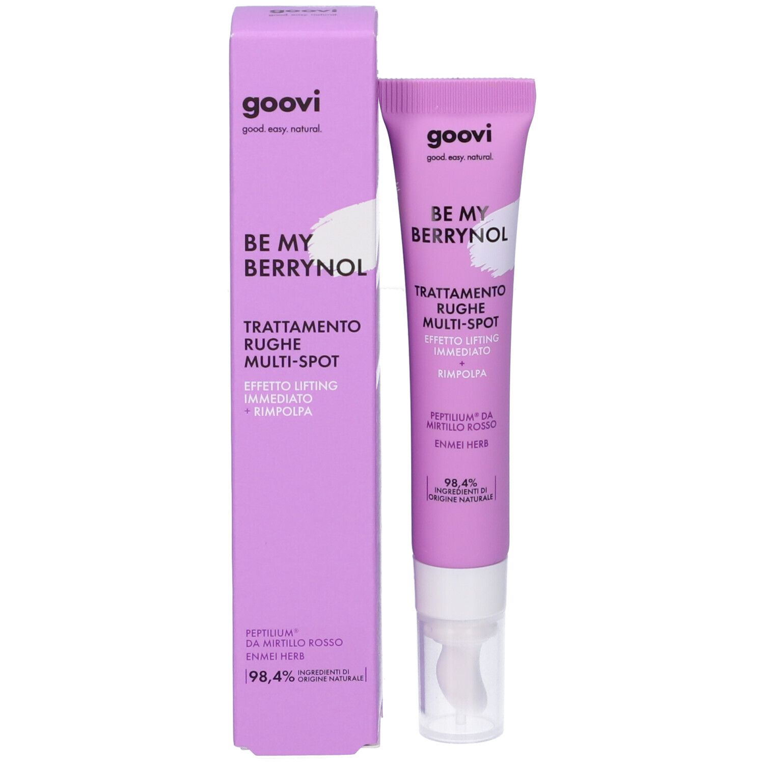 Scatola e tubo lilla. Testo: BE MY BERRYNOL, Trattamento Rughe Multi-Spot. 98,4% ingredienti di origine naturale. Tubo con applicatore.