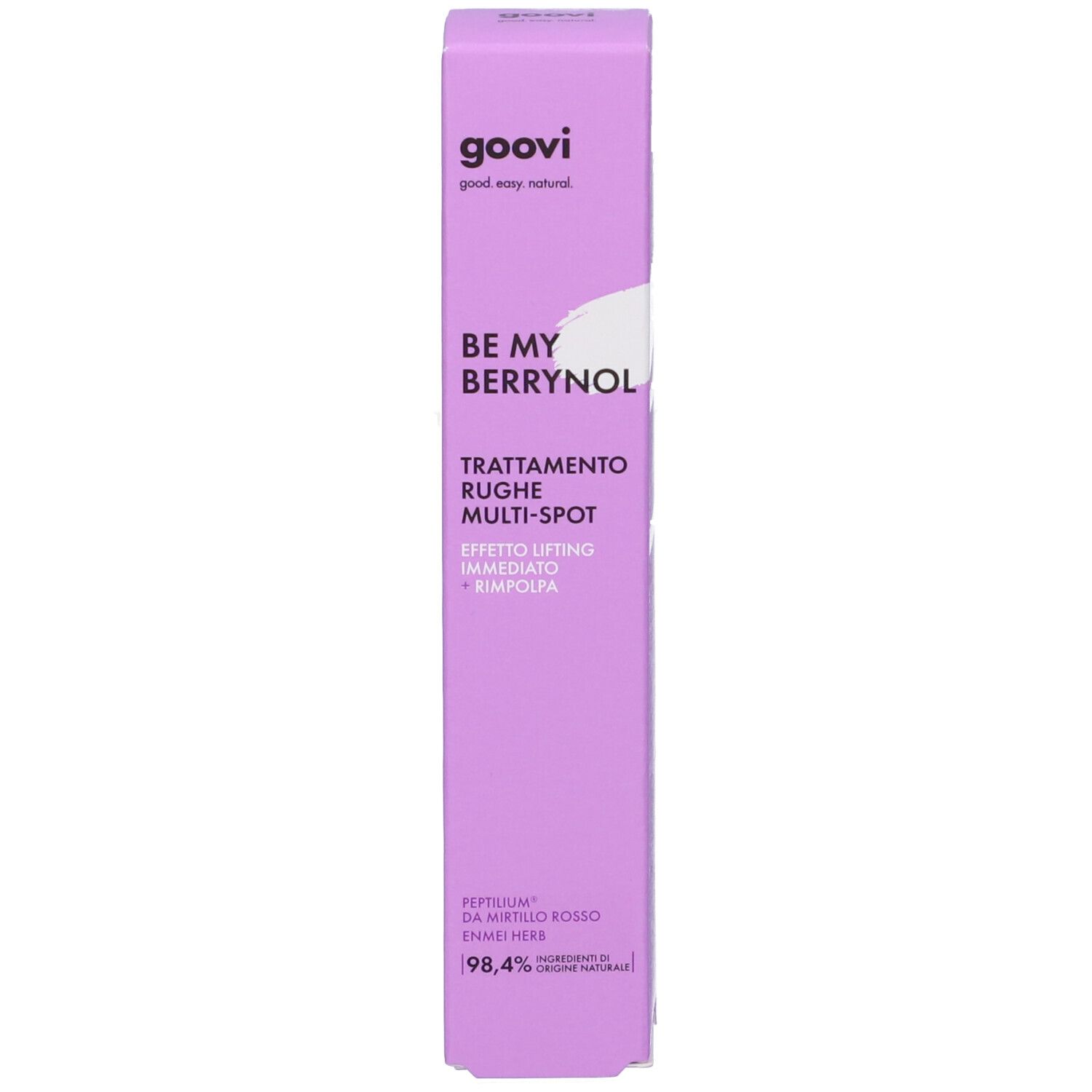 Scatola lilla. Testo: BE MY BERRYNOL, Trattamento Rughe Multi-Spot. 98,4% ingredienti di origine naturale. Nome e descrizione del prodotto.