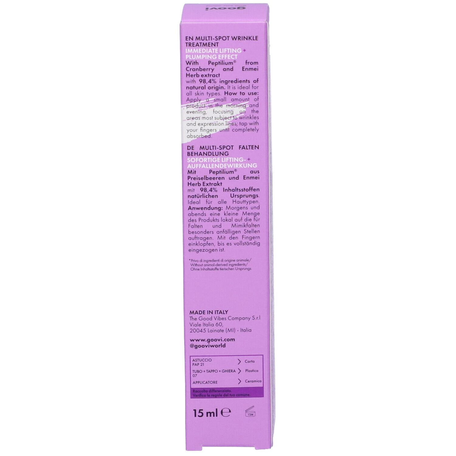Lato della scatola lilla. Testo: Trattamento multi-spot rughe, ingredienti, 15ml. Prodotto in Italia. Indirizzo del sito web.