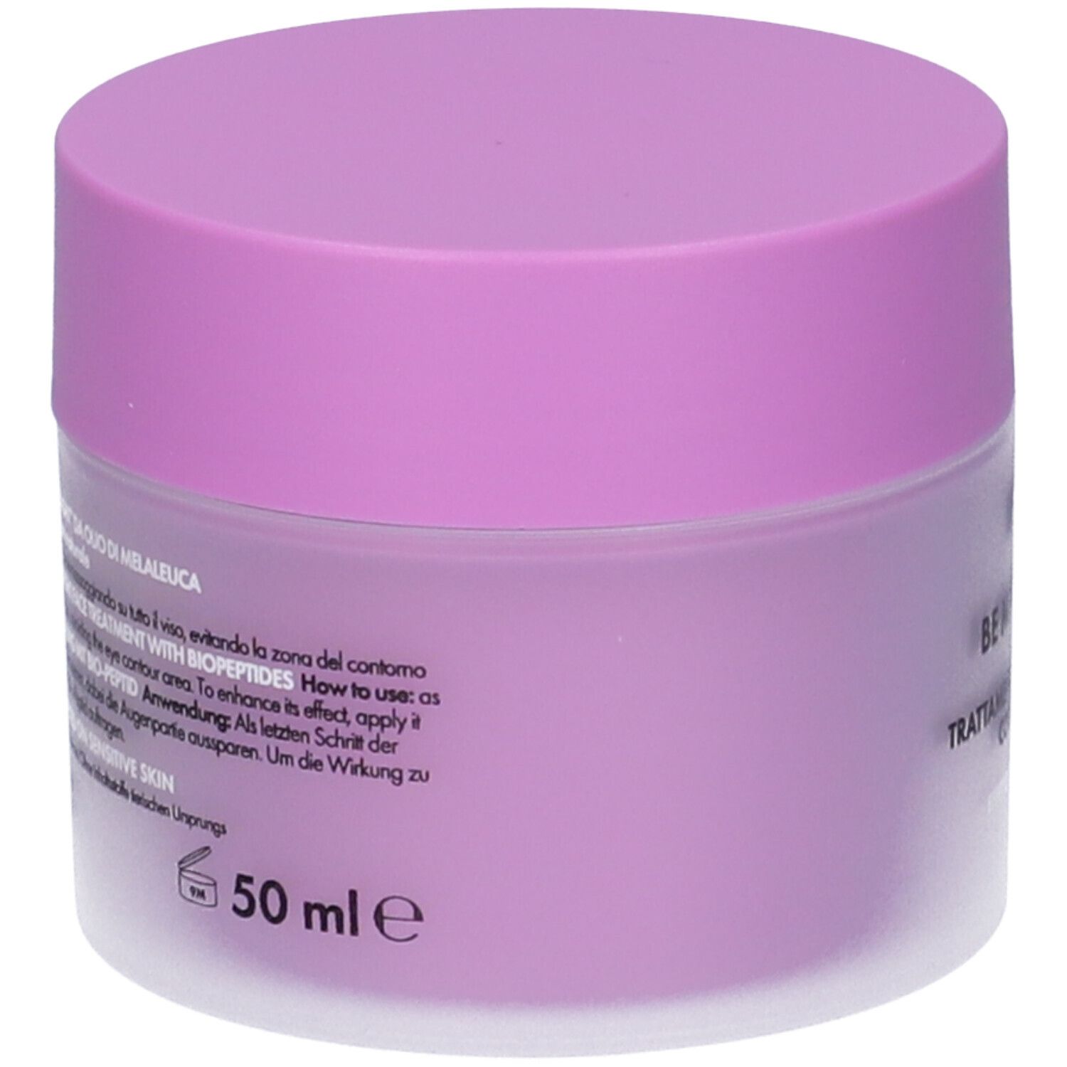 Vaso di crema, coperchio viola. Scritta: 50 ml e. Testo in italiano. Retro con informazioni e ingredienti del prodotto.
