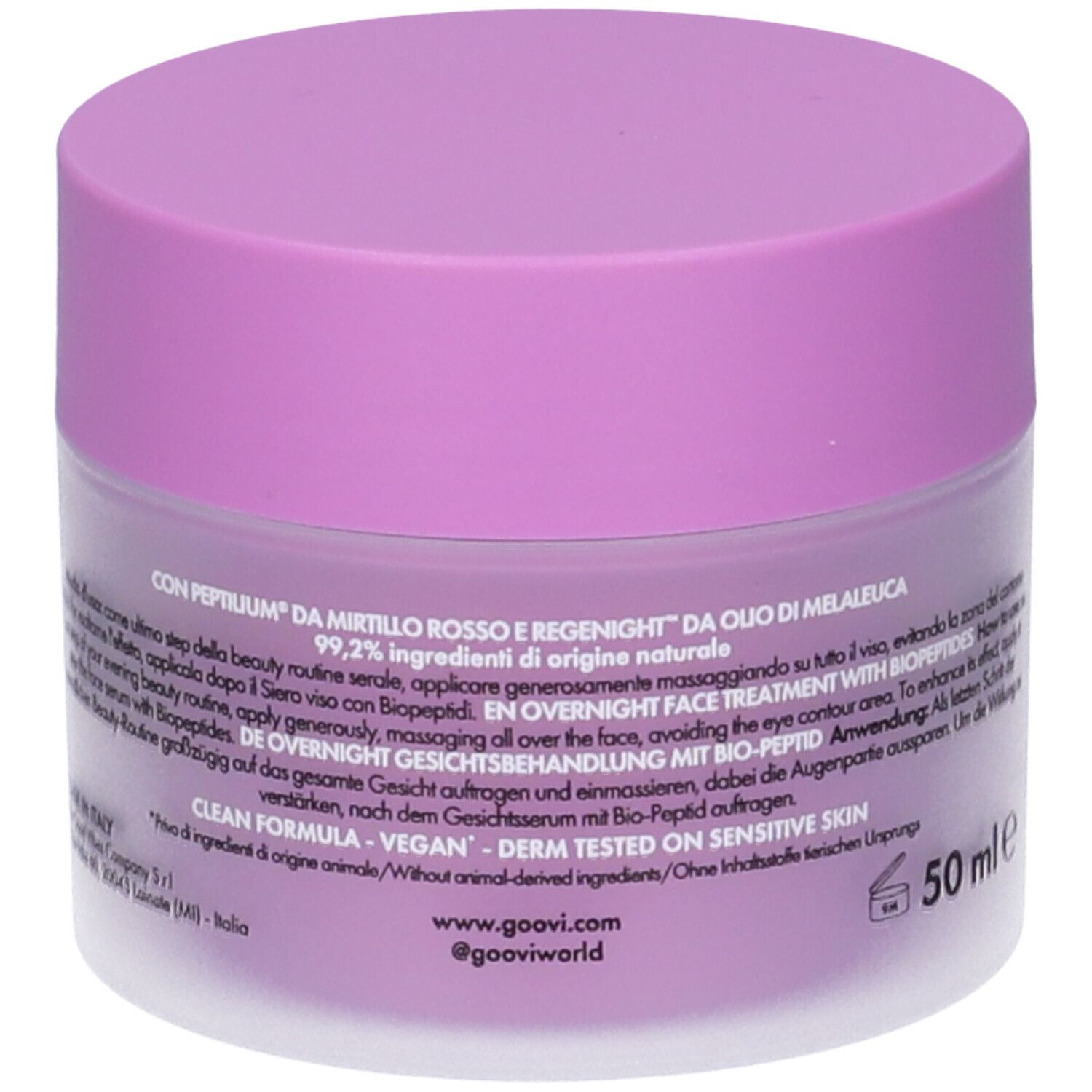 Vaso di crema, coperchio viola. Testo in italiano. Scritta: 50 ml e. Informazioni e ingredienti. Vegano e dermatologicamente testato.