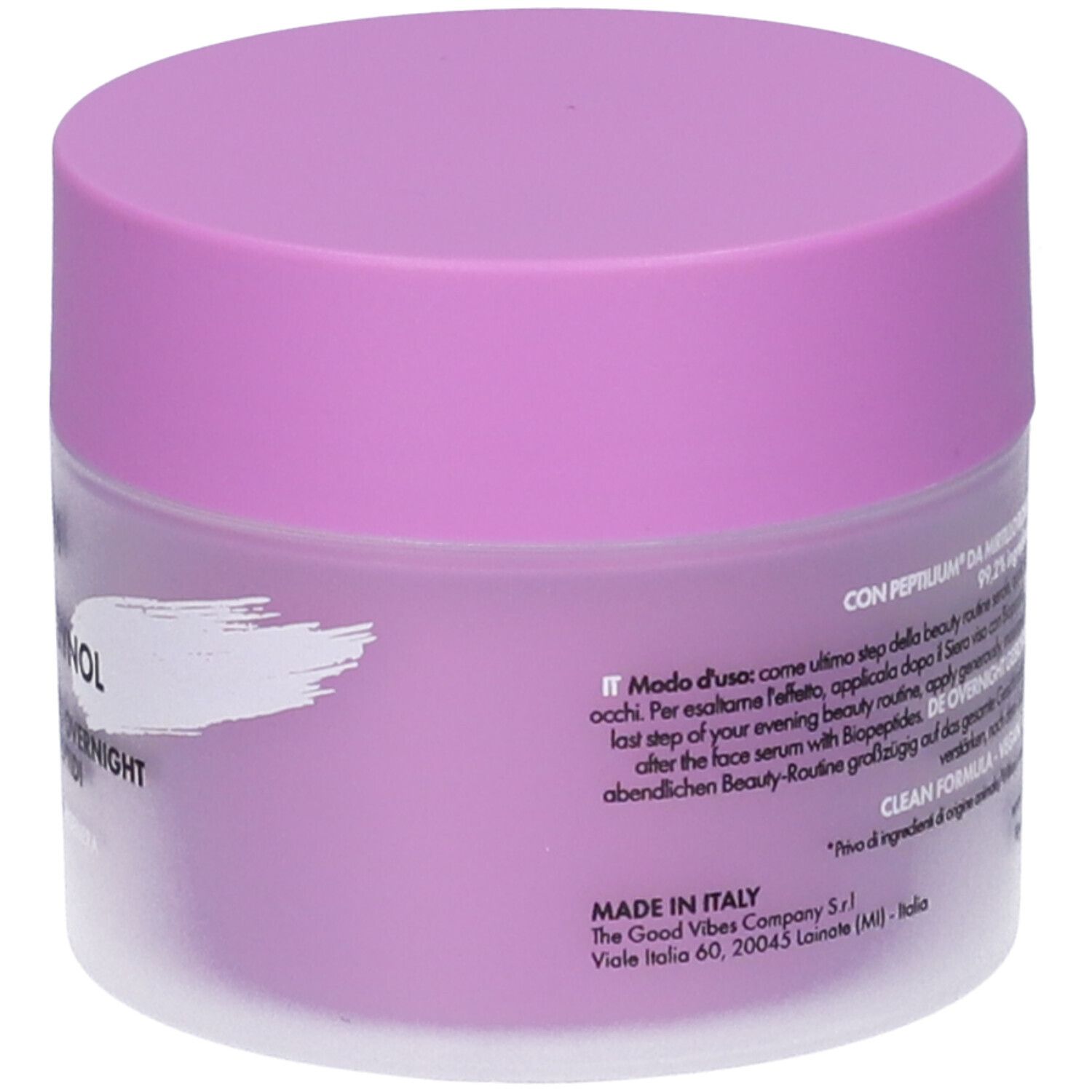 Vaso di crema, coperchio viola. Testo in italiano. Scritta: 50 ml e. Informazioni e ingredienti. Prodotto in Italia.