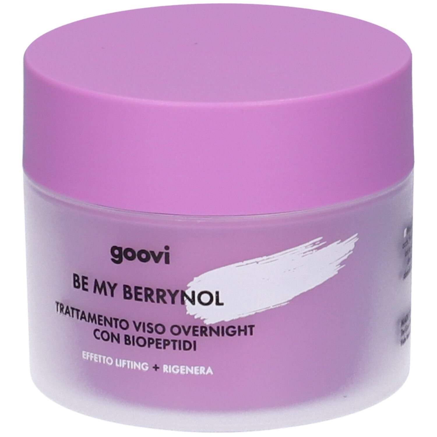 Vaso di crema viola con coperchio. Scritte: GOOVI, BE MY BERRYNOL, Trattamento viso overnight con biopeptidi. Effetto lifting + rigenera.
