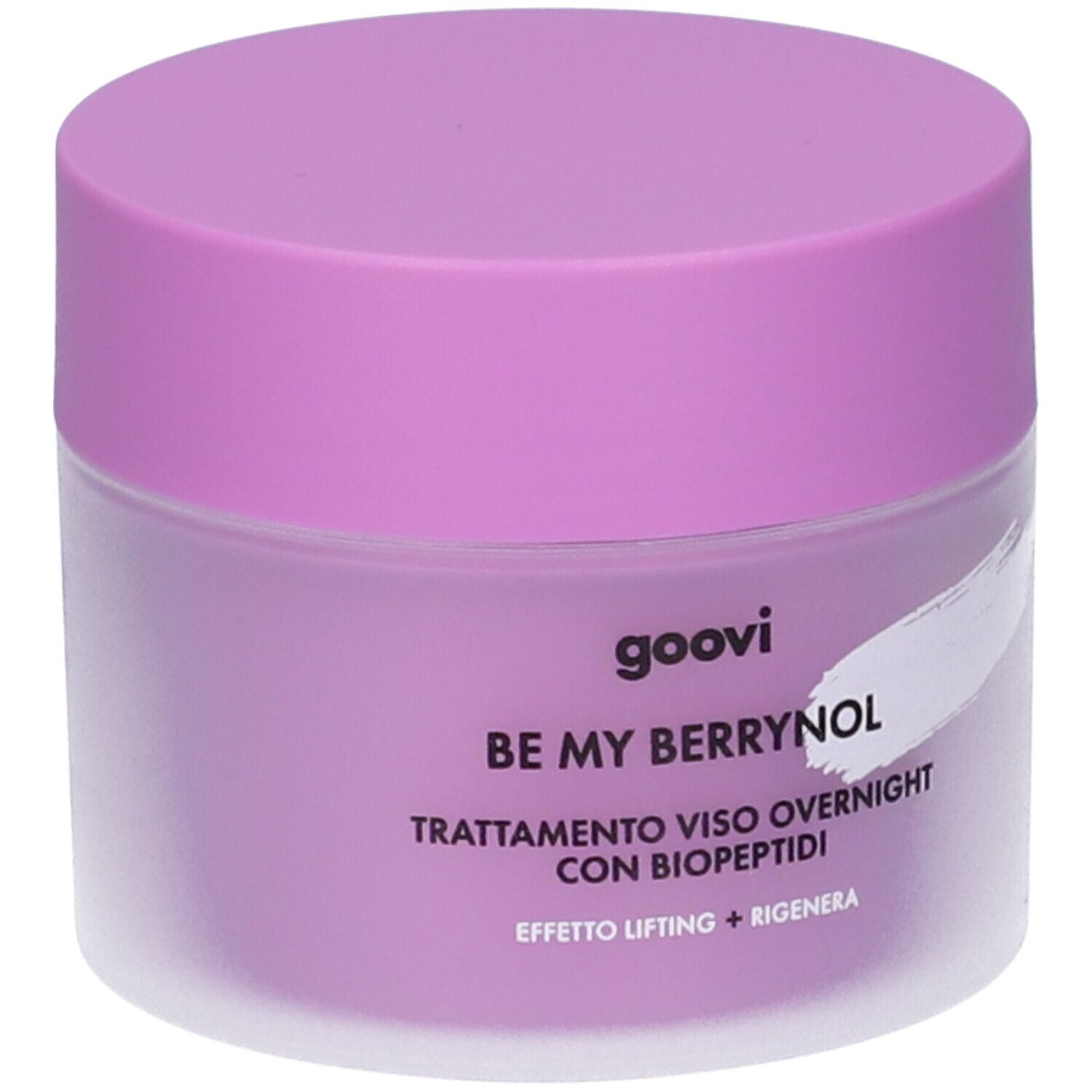 Vaso di crema viola con coperchio. Scritte: GOOVI, BE MY BERRYNOL, Trattamento viso overnight con biopeptidi. Effetto lifting + rigenera.