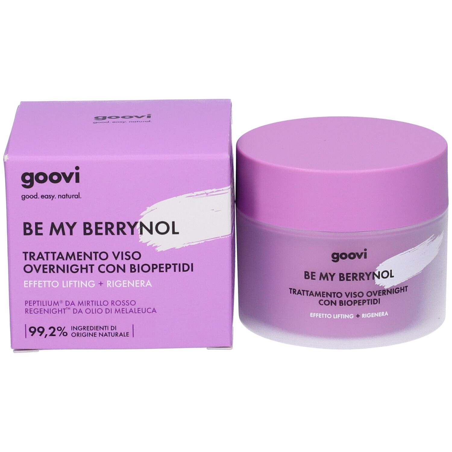 Confezione e vaso di crema. Scritte: GOOVI, BE MY BERRYNOL, Trattamento viso overnight con biopeptidi. Effetto lifting + rigenera.