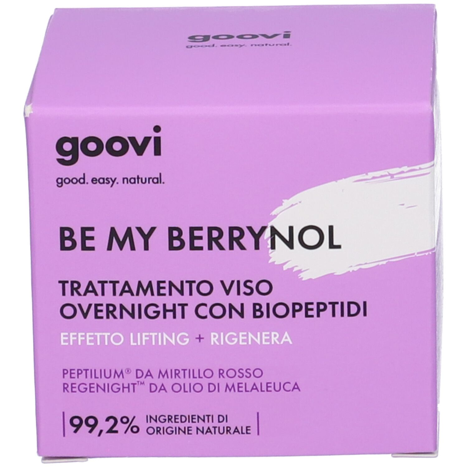 Confezione del prodotto. Scritte: GOOVI, BE MY BERRYNOL, Trattamento viso overnight con biopeptidi. Effetto lifting + rigenera. 99,2% ingredienti di origine naturale.