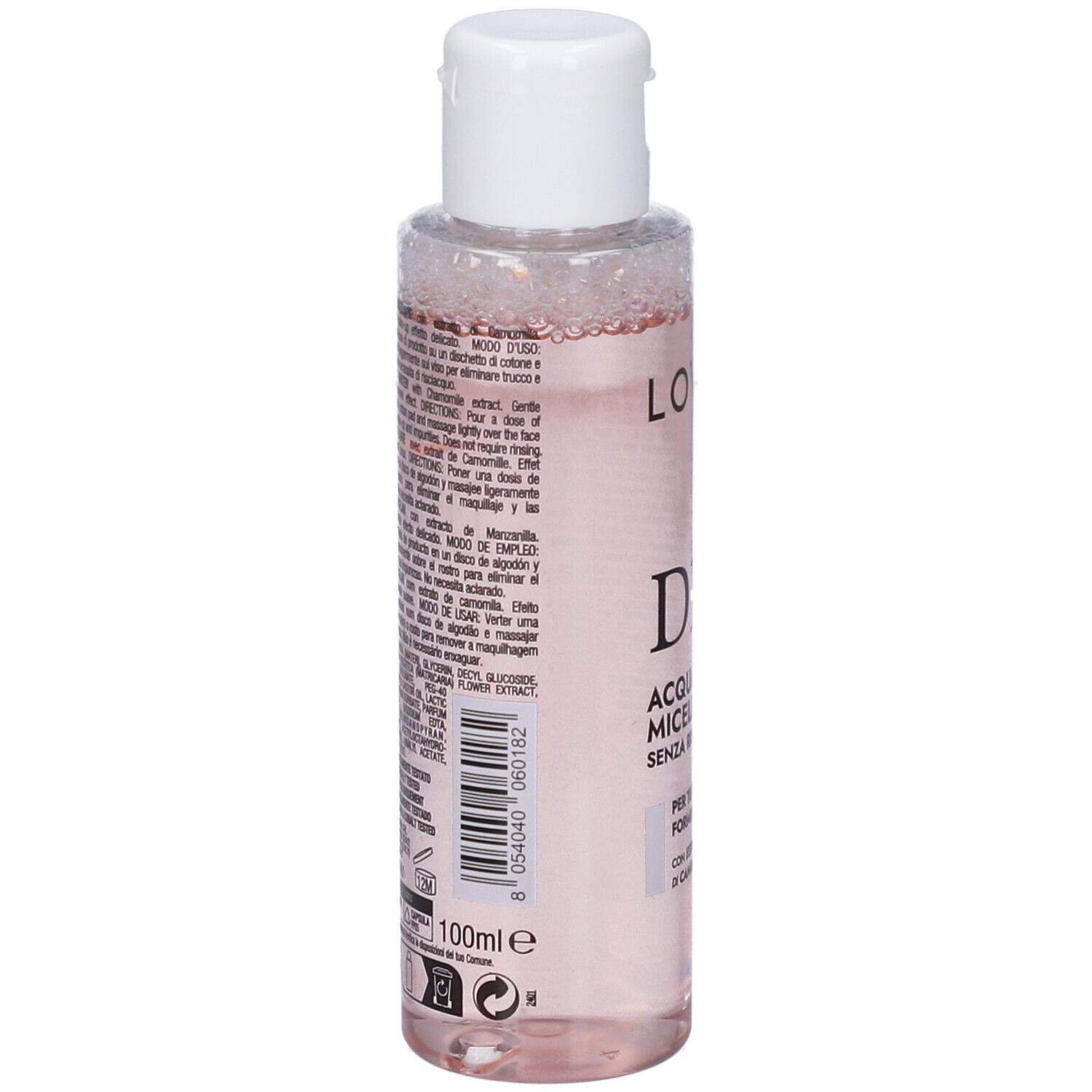 Flacone trasparente con liquido rosa e tappo bianco. Scritta: Lovren, D1, Acqua Micellare. 100ml.