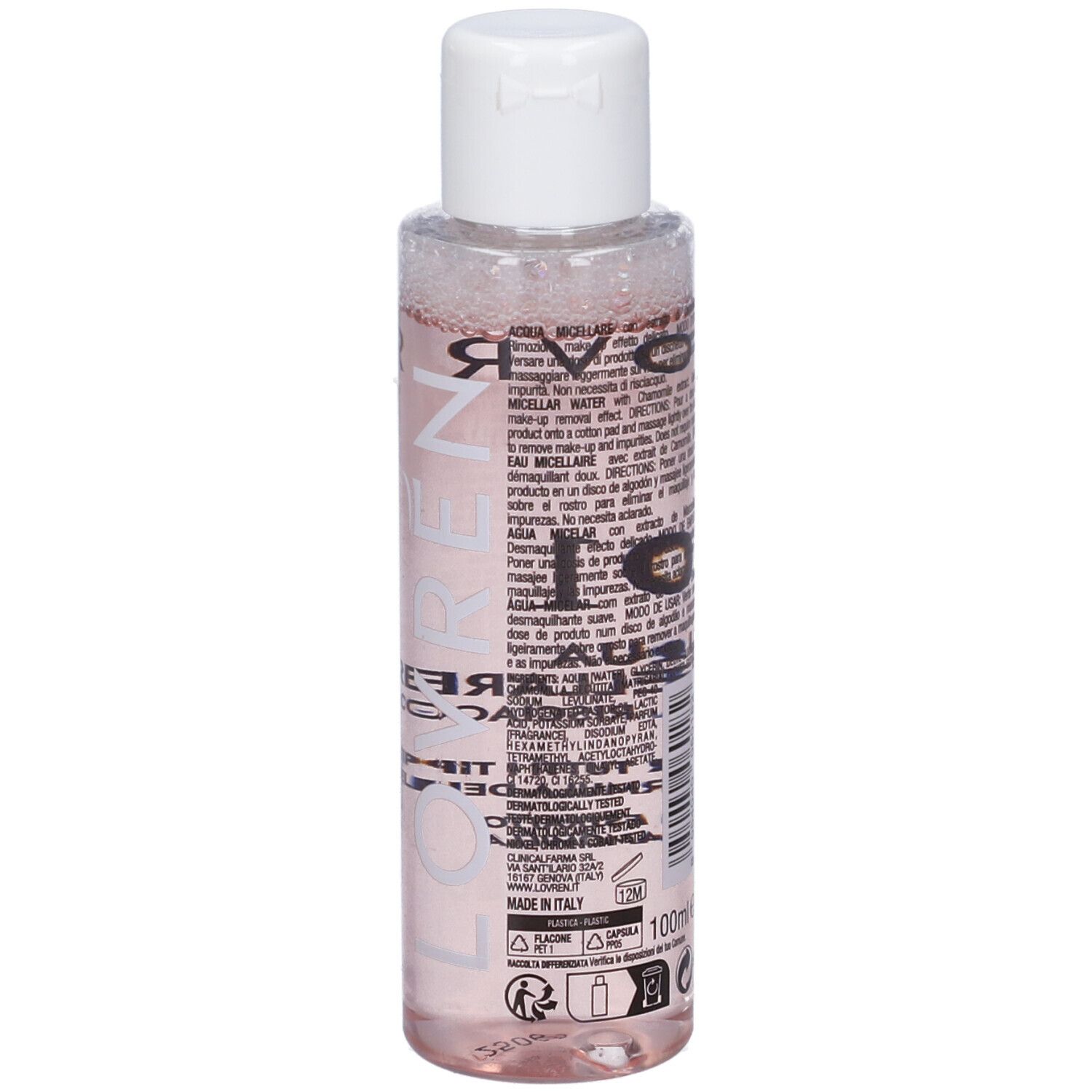 Flacone trasparente con liquido rosa e tappo bianco. Scritta: Lovren, D1, Acqua Micellare. Made in Italy.