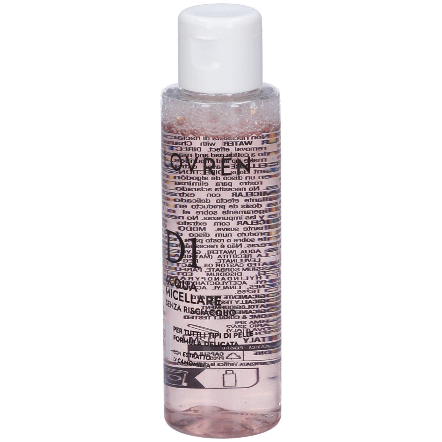 Flacone trasparente con liquido rosa e tappo bianco. Scritta: Lovren, D1, Acqua Micellare.