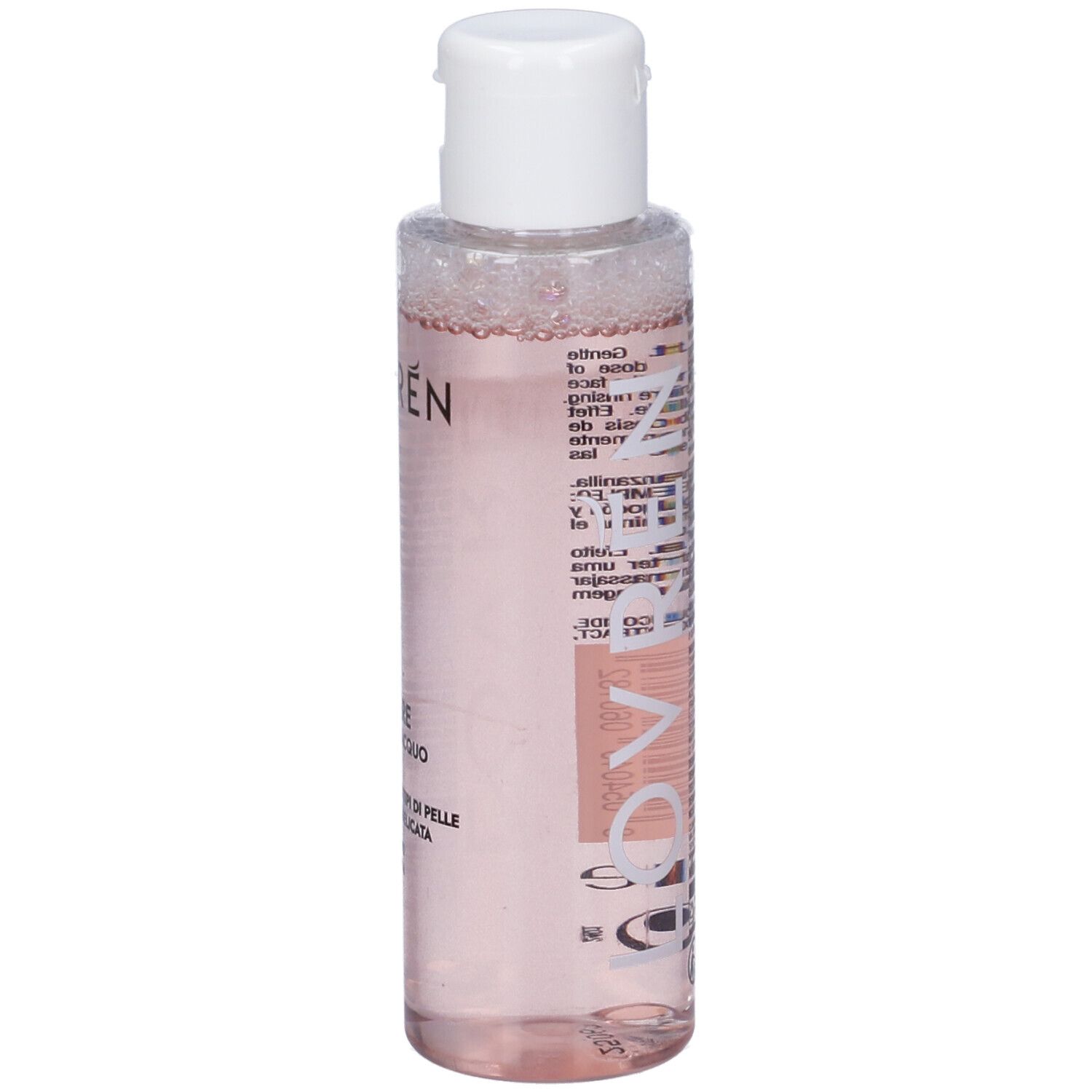 Flacone trasparente con liquido rosa e tappo bianco. Scritta: Lovren, D1, Acqua Micellare.