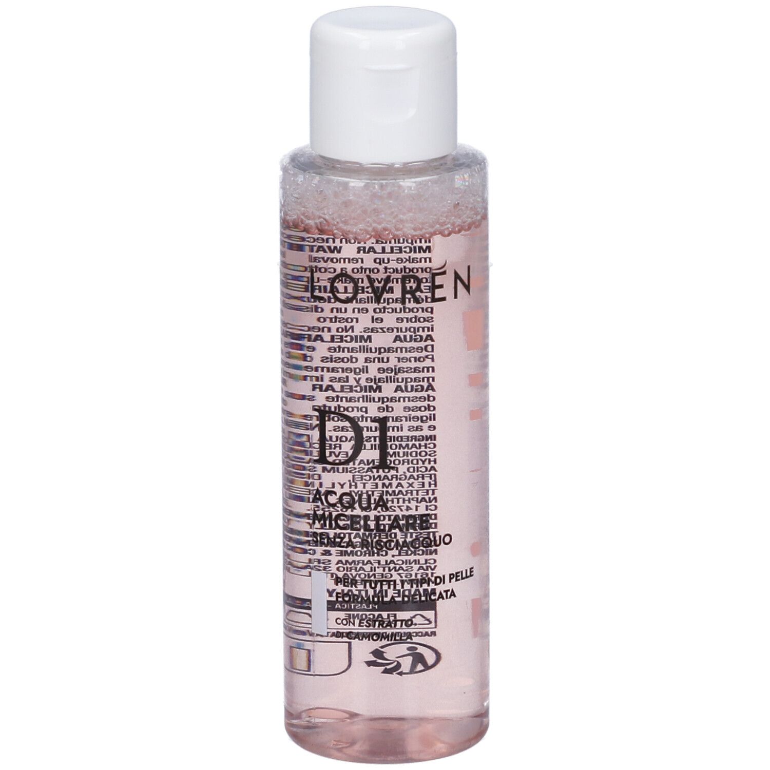 Flacone trasparente con liquido rosa e tappo bianco. Scritta: Lovren, D1, Acqua Micellare.