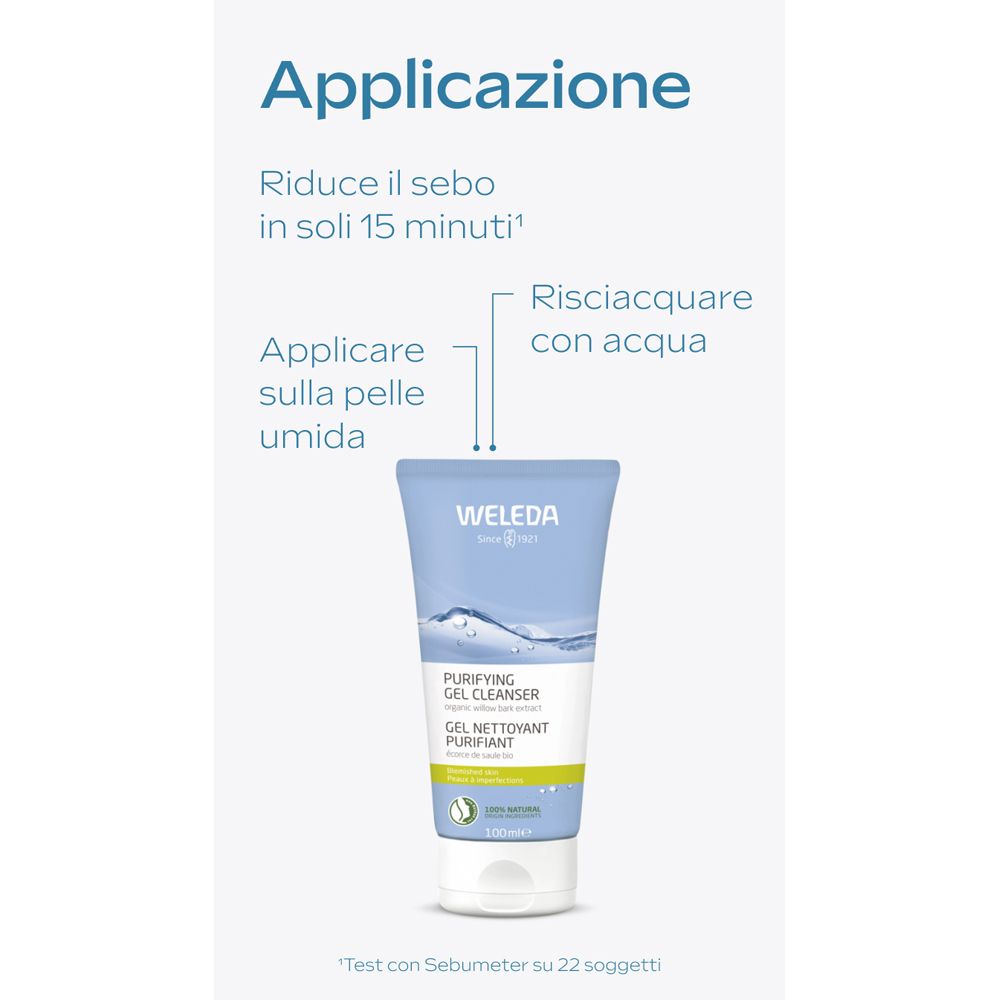 Istruzioni per l'uso. Testo: Riduce il sebo in soli 15 minuti. Applicare sulla pelle umida. Risciacquare con acqua. Immagine: Tubo.