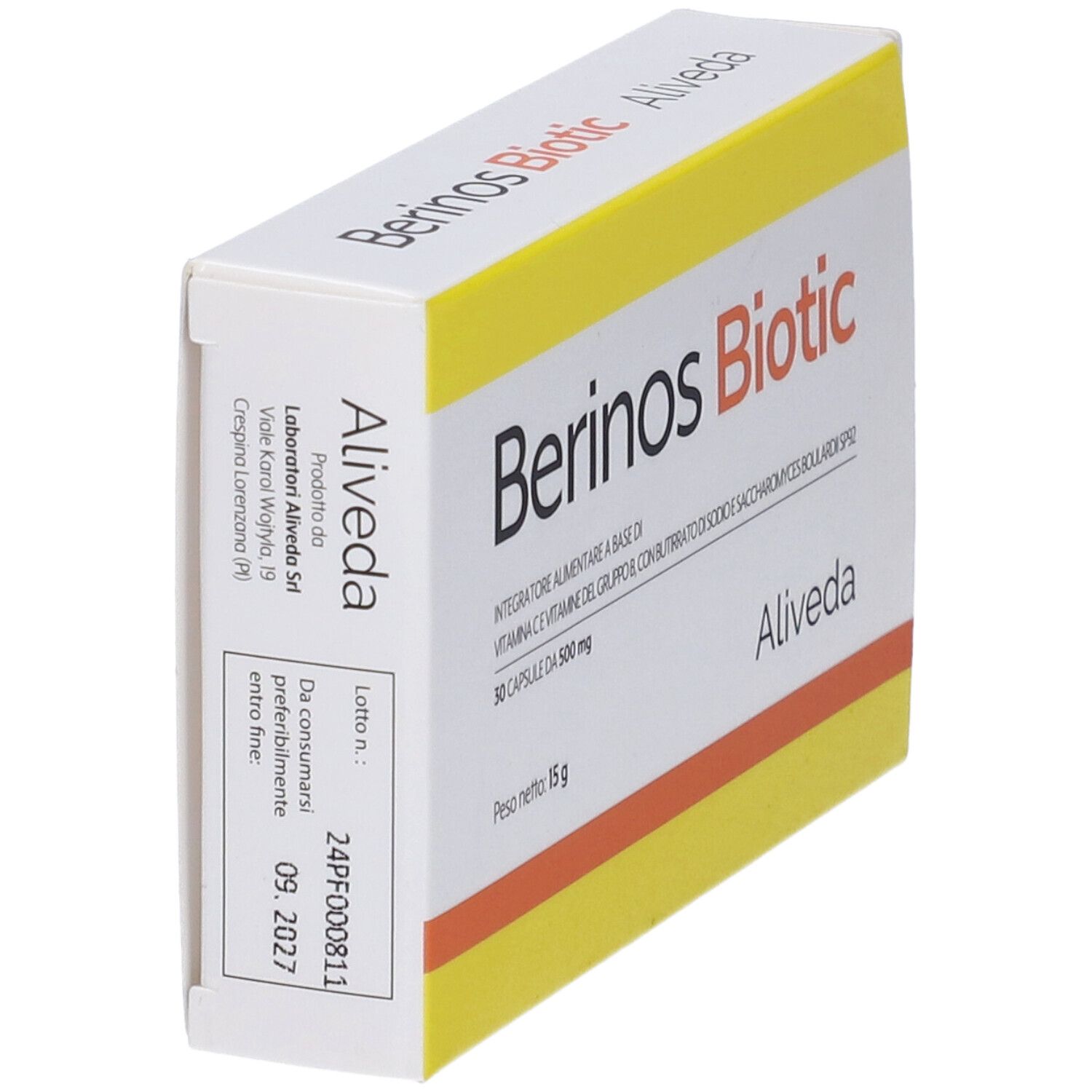 Scatola "Berinos Biotic" in prospettiva. Design giallo e bianco. Marchio: Aliveda. Contiene 30 capsule.