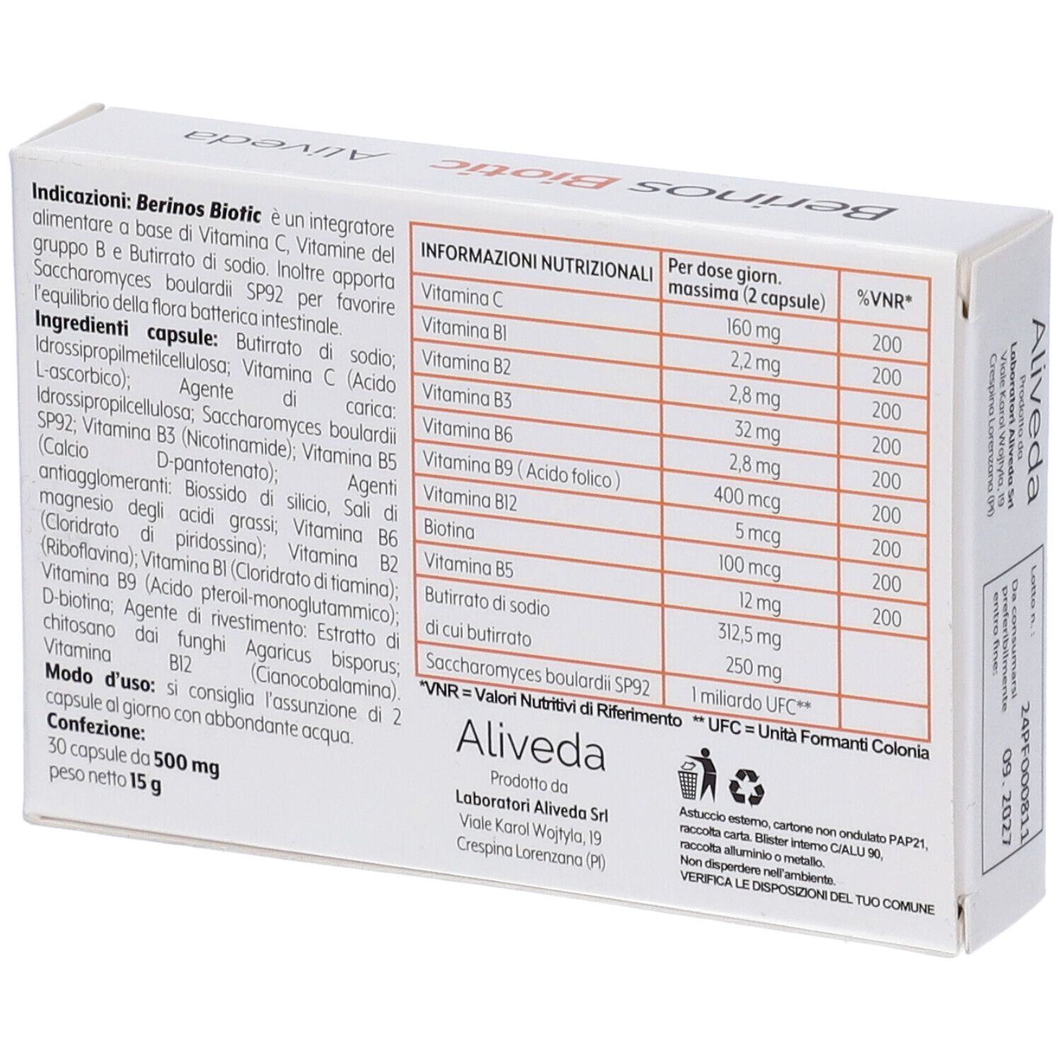 Retro della scatola "Berinos Biotic". Contiene informazioni nutrizionali e ingredienti. Marchio: Aliveda.