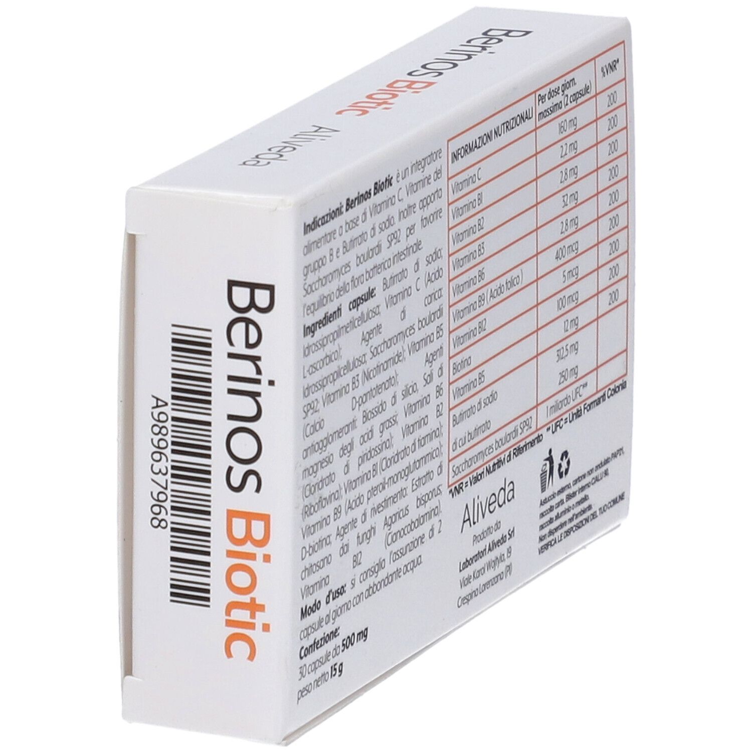Scatola "Berinos Biotic" in prospettiva. Codice a barre visibile. Marchio: Aliveda. 30 capsule.