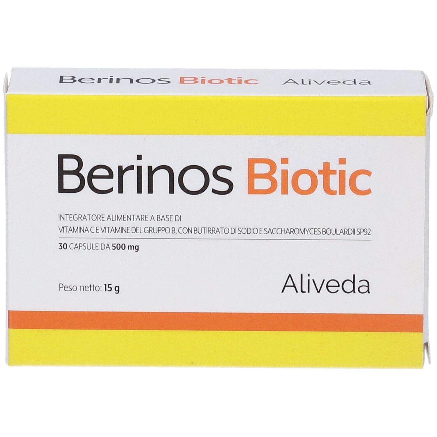 Scatola gialla e bianca con scritta "Berinos Biotic". Contiene 30 capsule. Marchio: Aliveda.