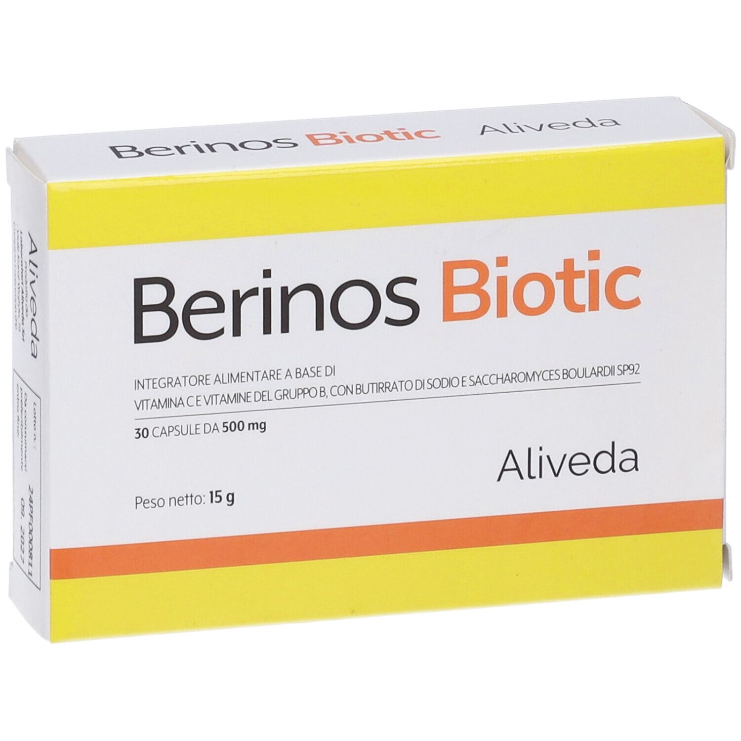 Scatola gialla e bianca con scritta "Berinos Biotic". Contiene 30 capsule. Marchio: Aliveda.