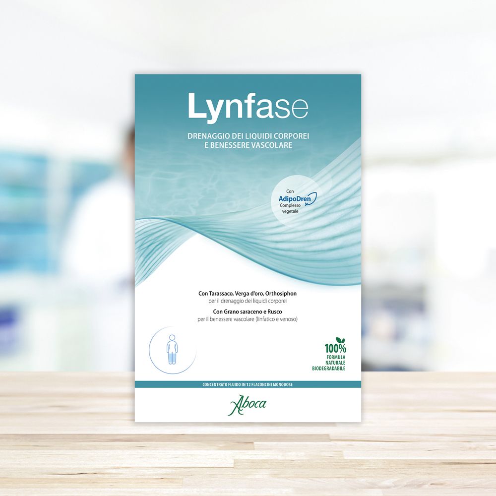Confezione del prodotto Lynfase. Testo: Drenaggio dei liquidi corporei e benessere vascolare. Logo Aboca. Formula biodegradabile 100%.