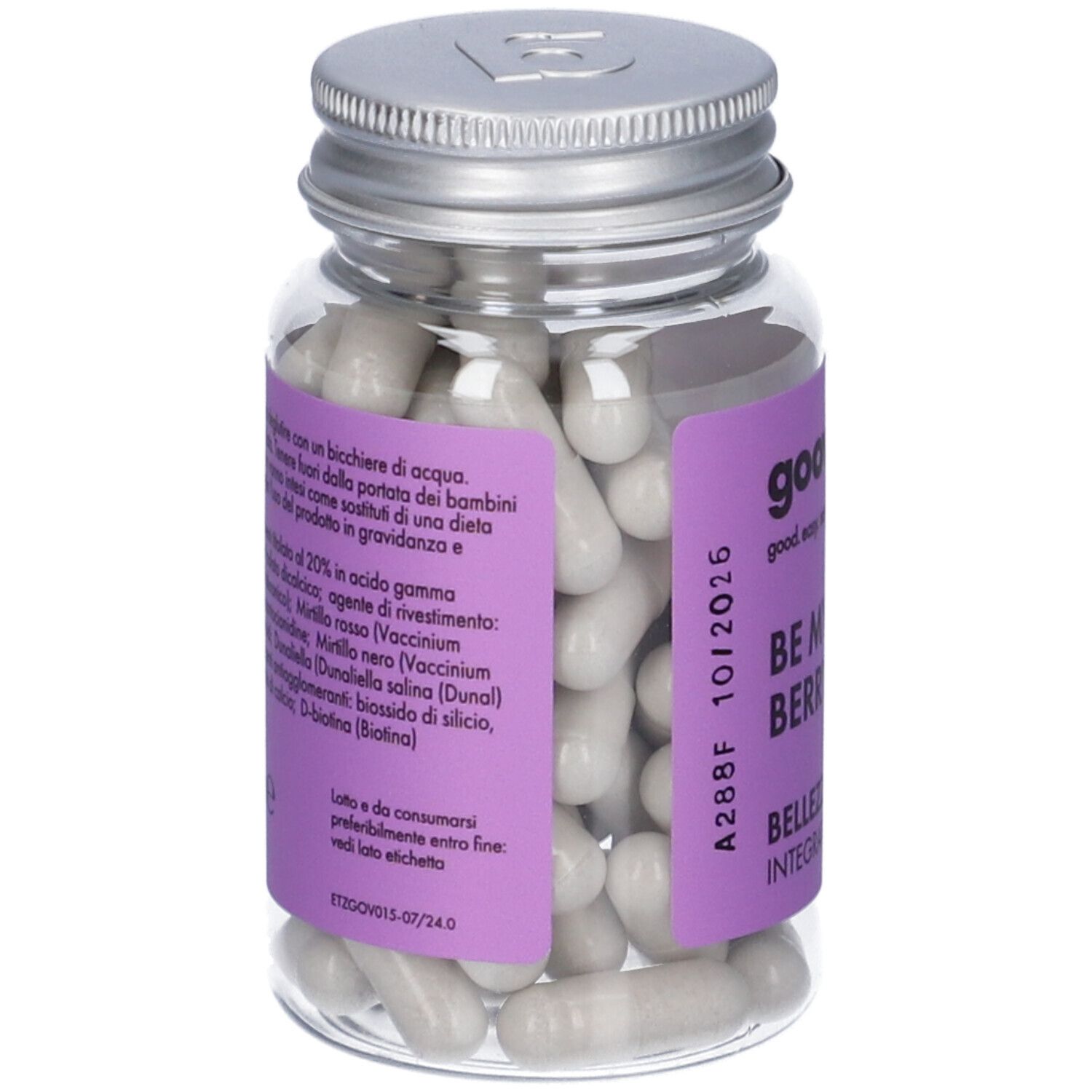 Retro del flacone. Etichetta viola con ingredienti e testo. Capsule grigie.