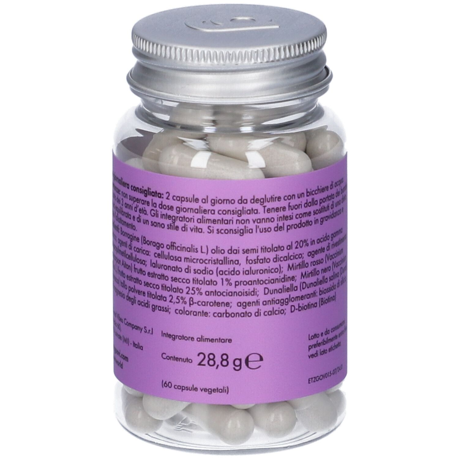 Retro del flacone. Etichetta viola con ingredienti e testo. Capsule grigie.