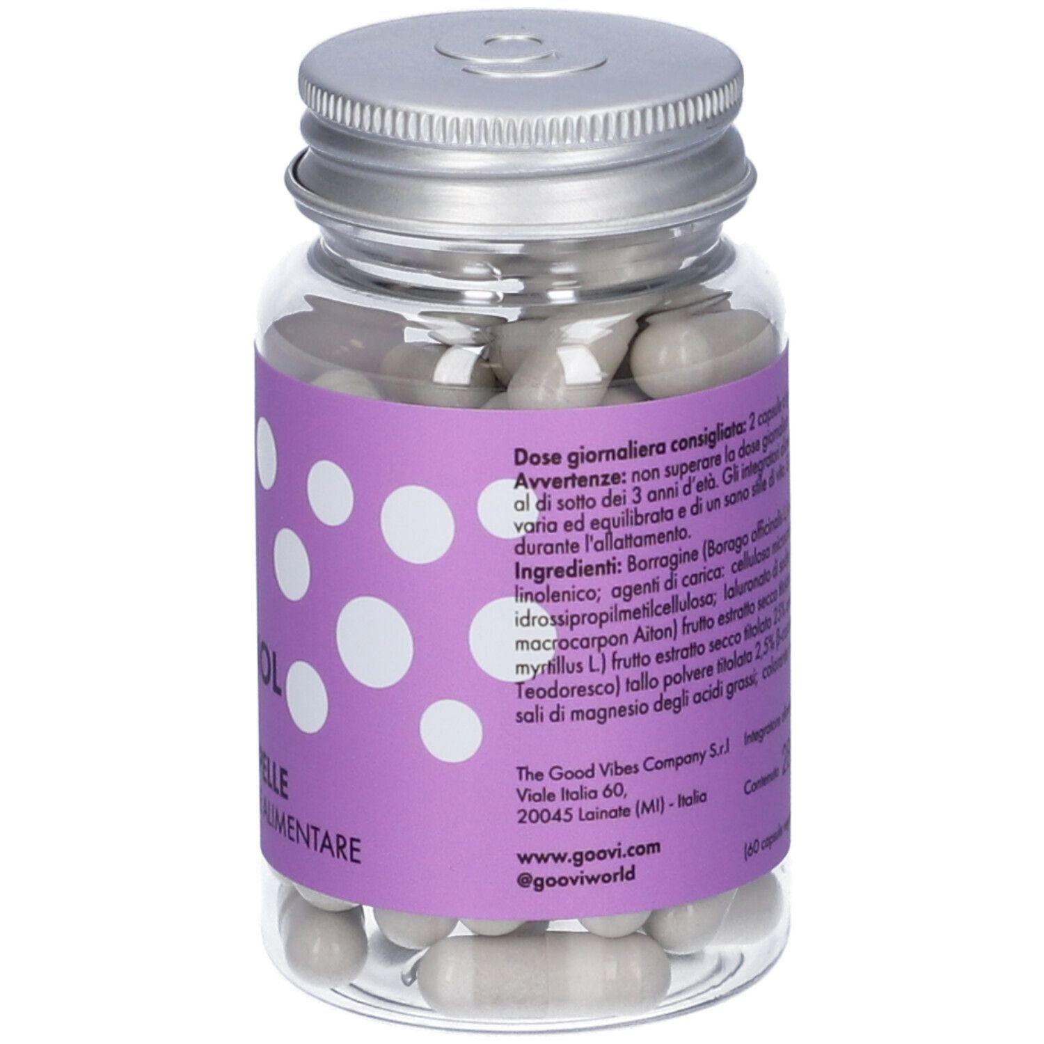 Retro del flacone. Etichetta viola con ingredienti e testo. Capsule grigie.