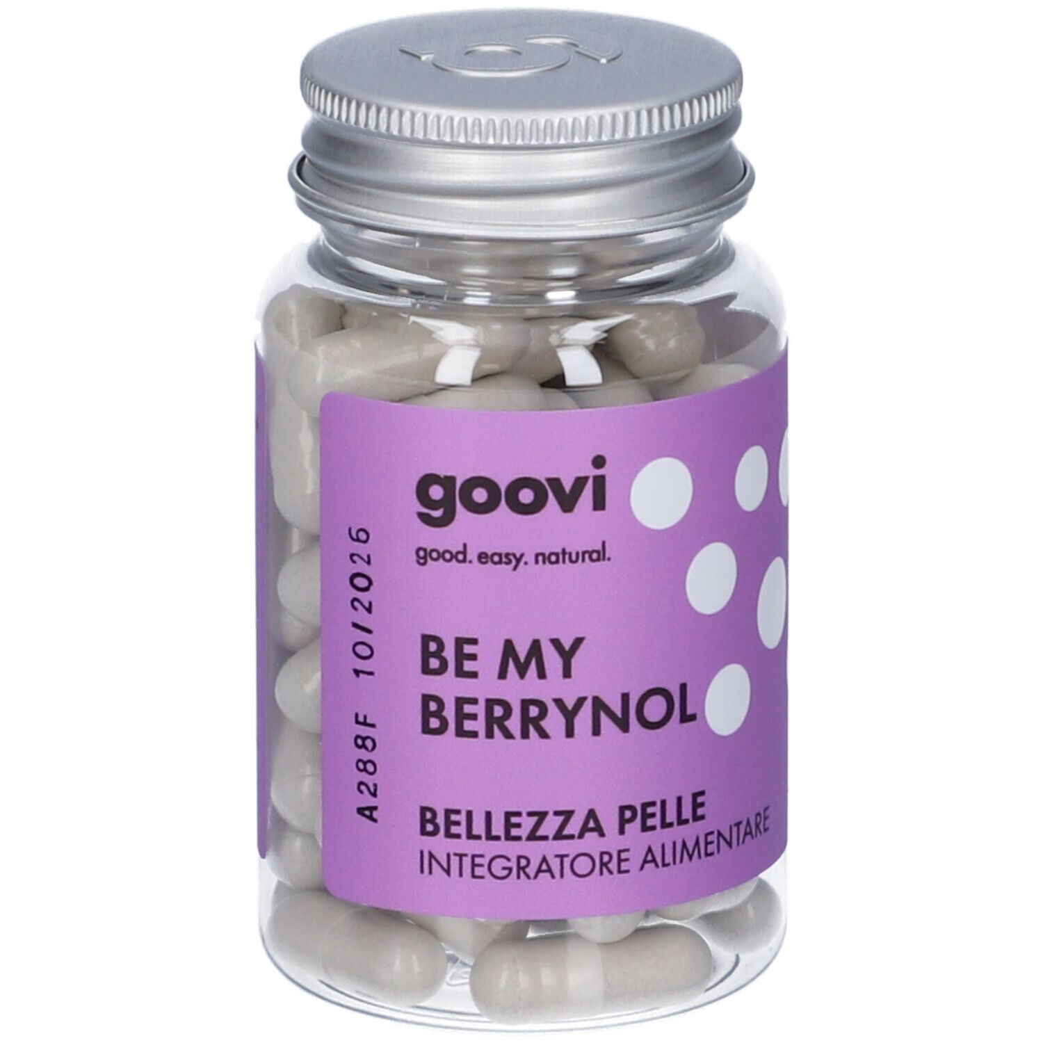 Flacone trasparente con tappo argentato. Etichetta viola con nome prodotto e capsule grigie.