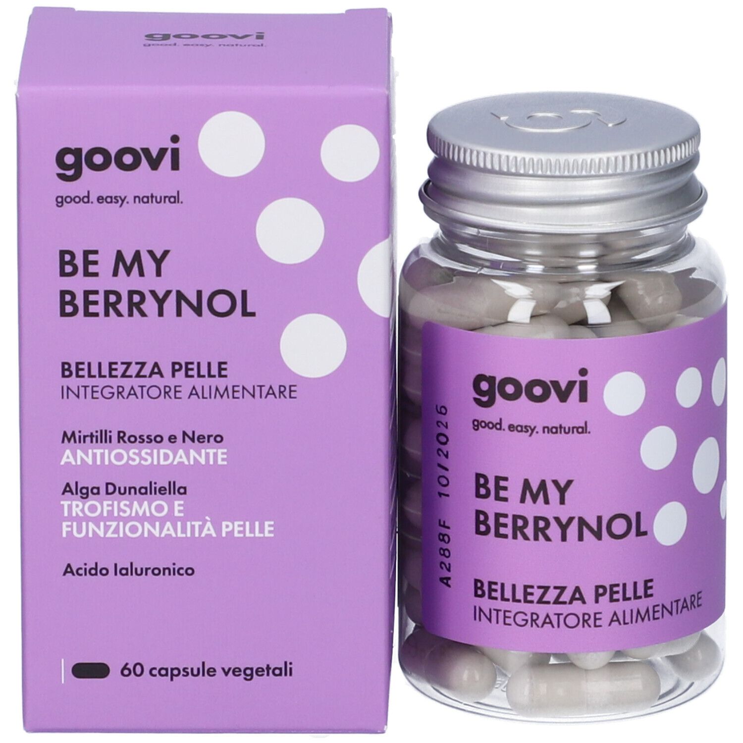 Flacone e scatola del prodotto. Scatola viola con nome prodotto e ingredienti. Capsule grigie.