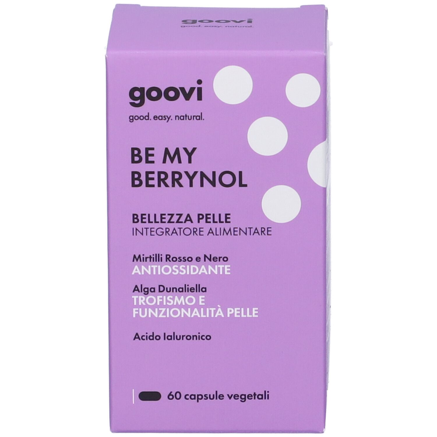 Scatola viola con nome prodotto e ingredienti. 60 capsule vegetali.