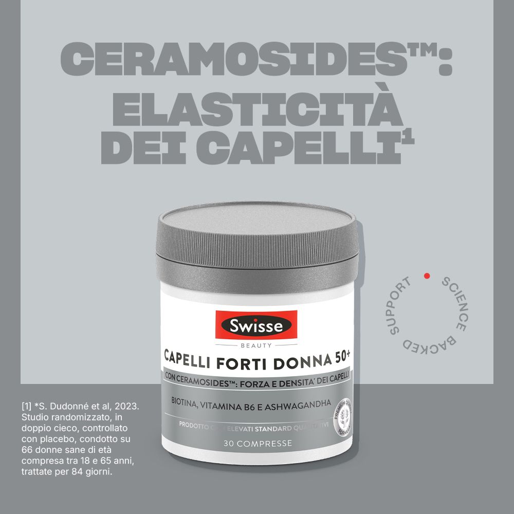 Confezione del prodotto con testo. Contiene il logo Swisse, il nome del prodotto e informazioni sugli ingredienti.