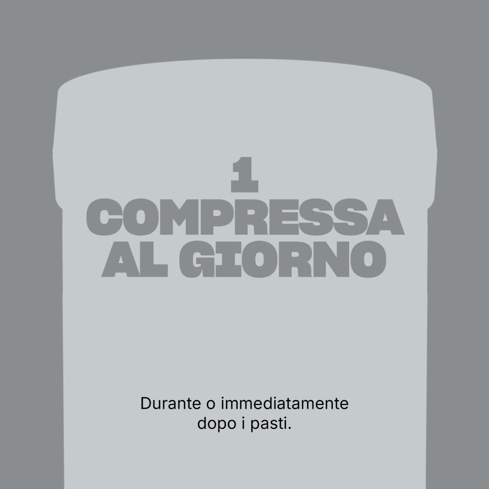 Testo su sfondo grigio. Istruzioni: 1 compressa al giorno, durante o dopo i pasti.