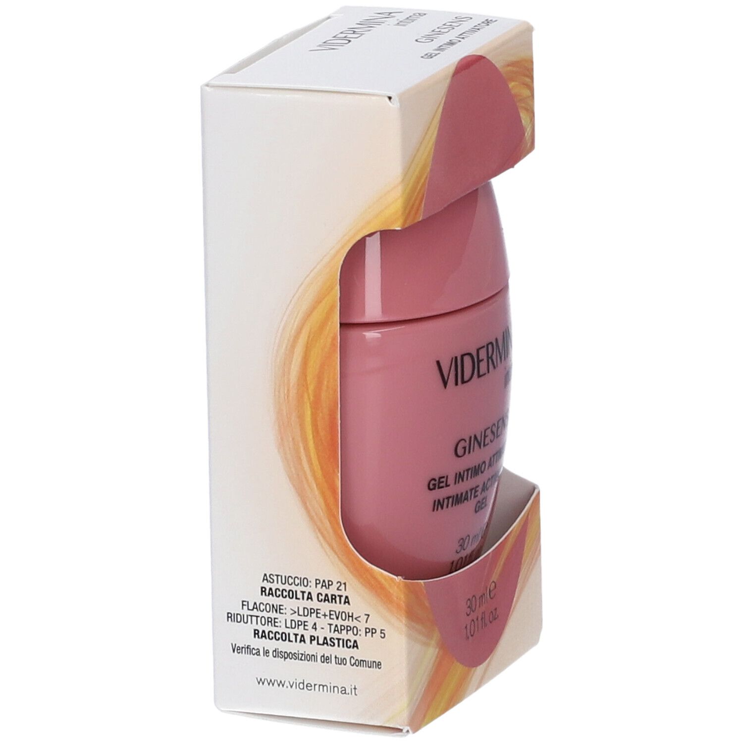 Flacone rosa di gel intimo Ginesex, 30ml, in astuccio.