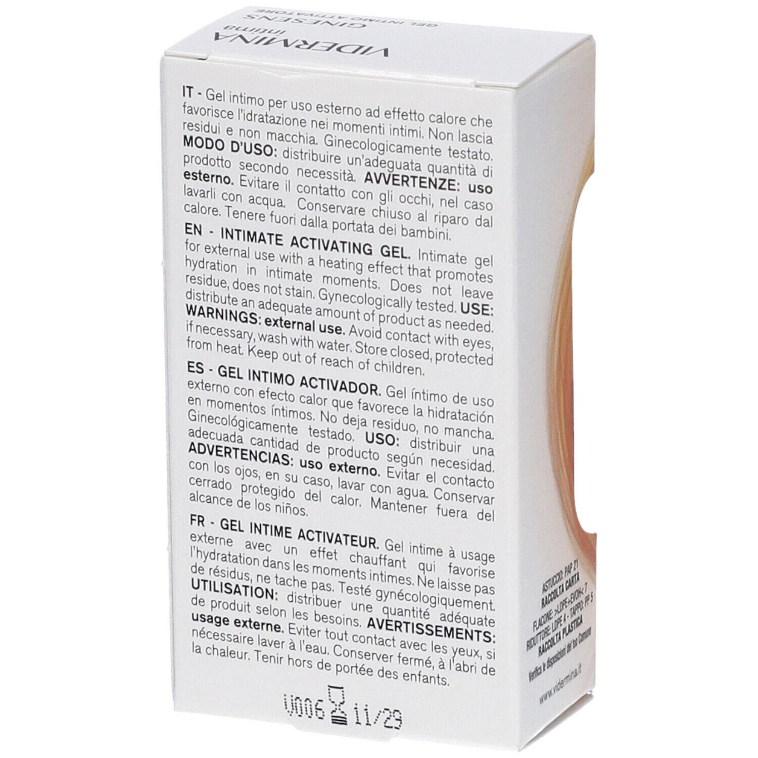 Vidermina Gel Intimo Attivatore scatola con istruzioni per l'uso.