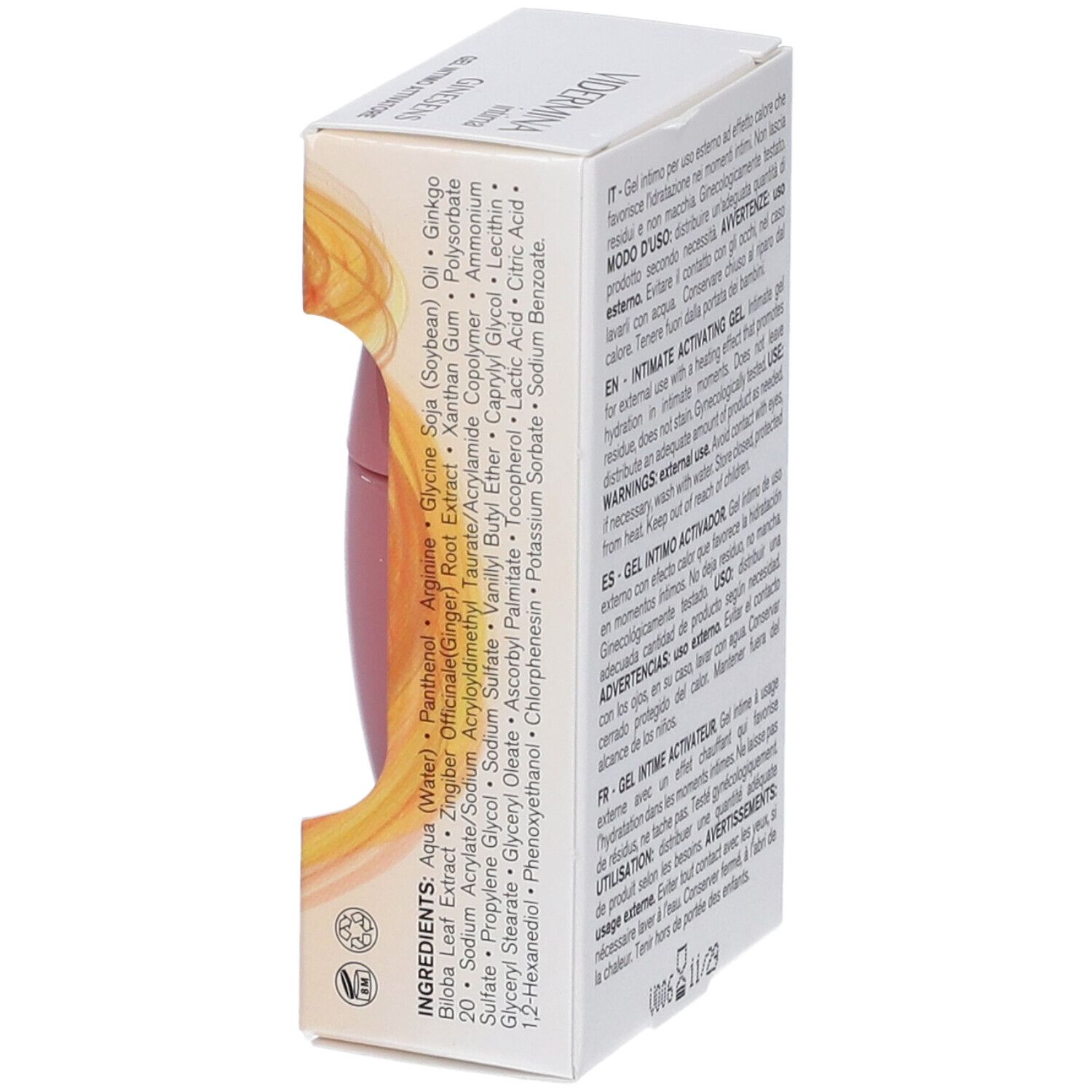 Confezione di un gel attivatore intimo con elenco ingredienti e istruzioni per l'uso.