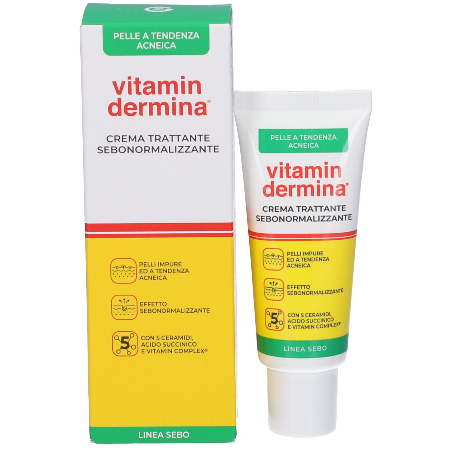 Tubo e scatola di crema Vitamin Dermina. Bianchi con accenti verdi e gialli. Testo: CREMA TRATTANTE SEBONORMALIZZANTE.