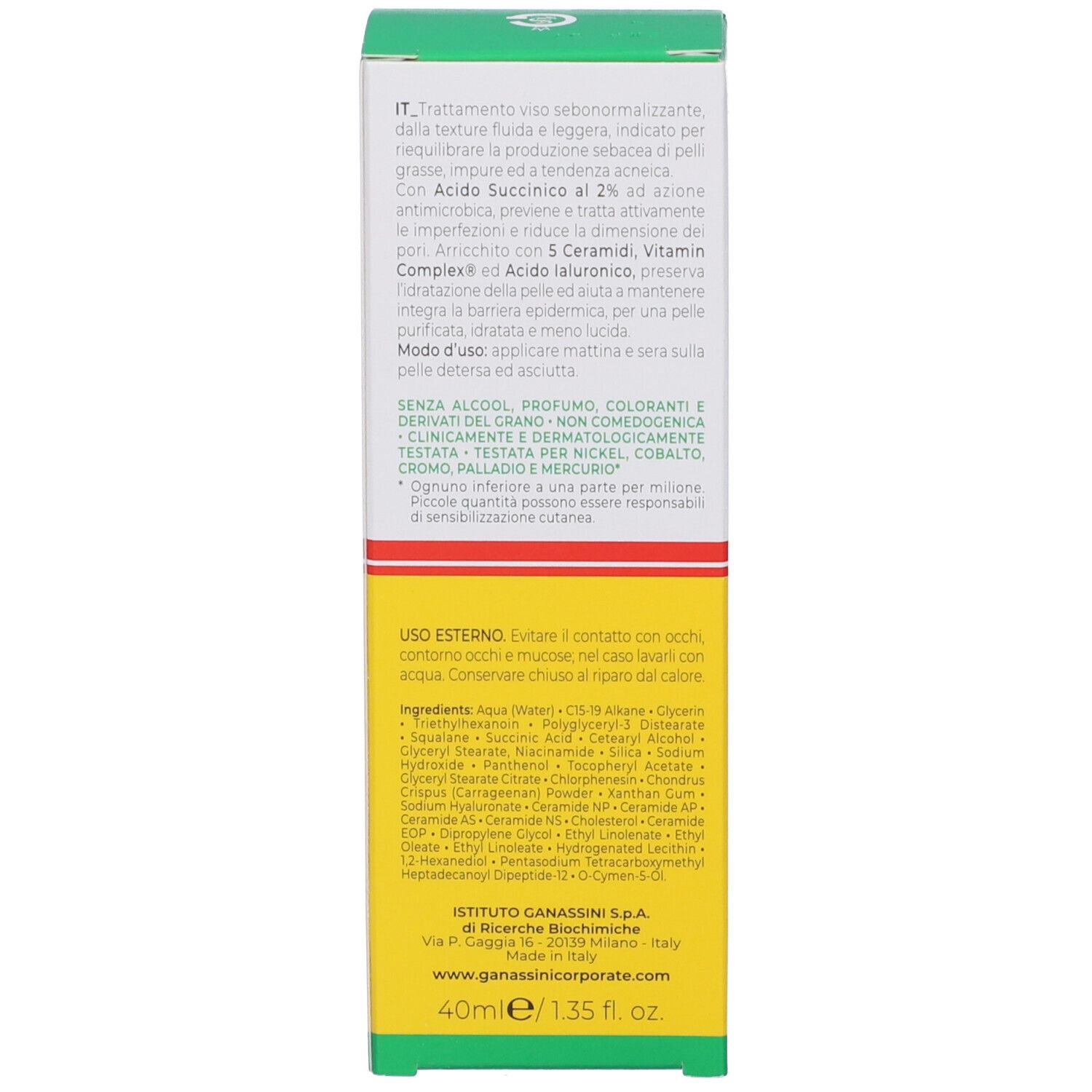Retro della scatola di crema Vitamin Dermina. Testo in italiano, informazioni sull'uso e sugli ingredienti.