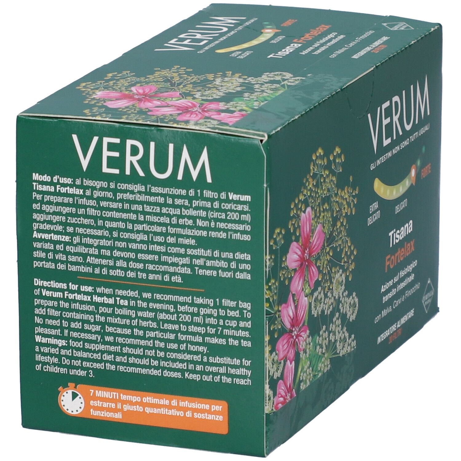 Scatola verde, vista laterale con testo. Nome prodotto: Verum Tisana Fortelax. Testo: Istruzioni per l'uso, ingredienti, avvertenze.
