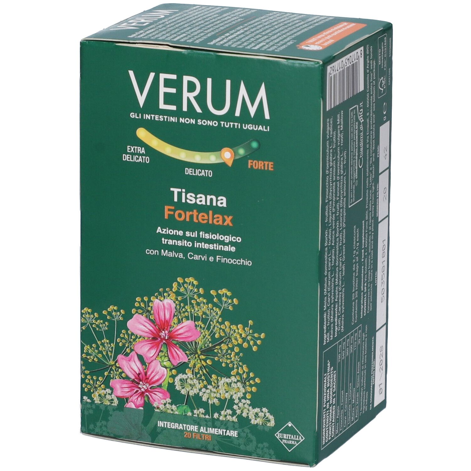 Scatola verde con design floreale e nome del prodotto. Testo: Verum, Tisana Fortelax, 20 filtri. Scritta: Extra delicato - Forte.