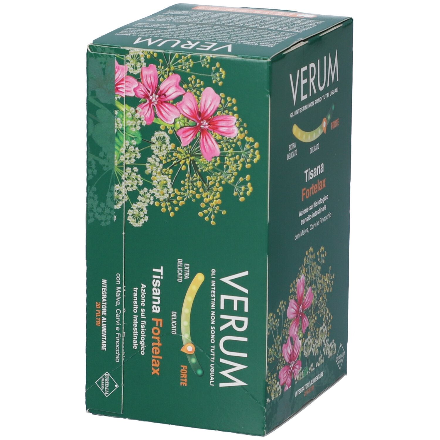 Scatola verde con design floreale e nome del prodotto. Testo: Verum, Tisana Fortelax, 20 filtri. Scritta: Extra delicato - Forte.
