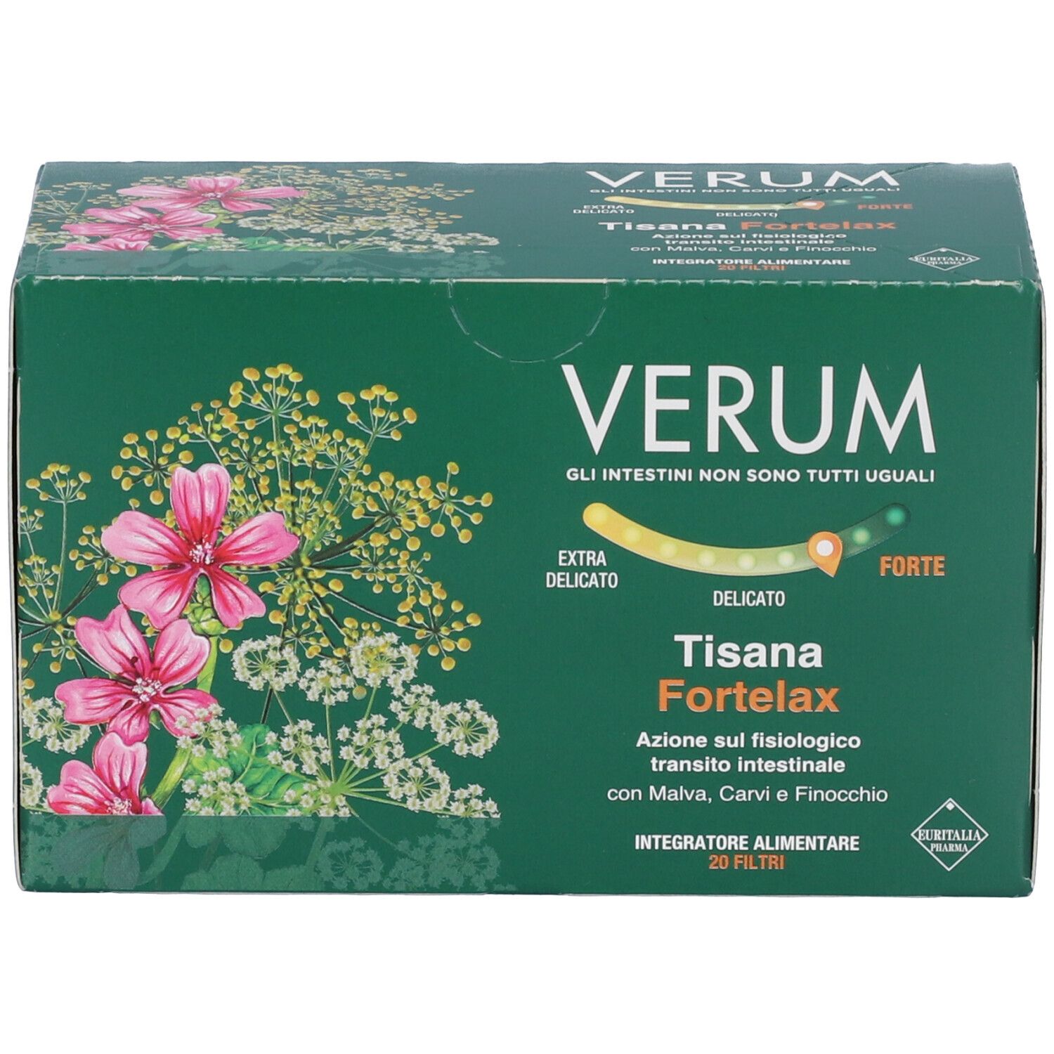 Scatola verde con design floreale e nome del prodotto. Testo: Verum, Tisana Fortelax, 20 filtri. Scritta: Extra delicato - Forte.