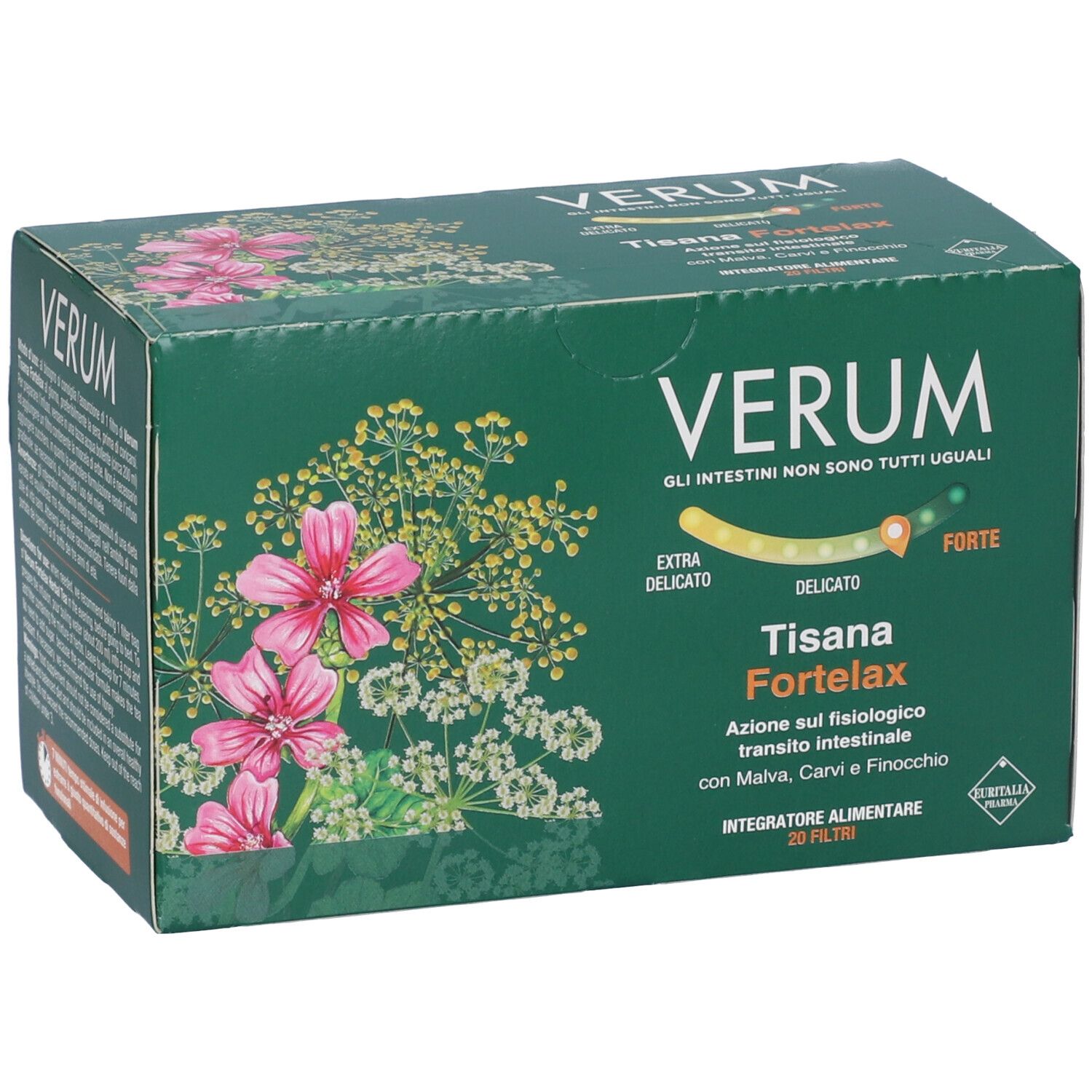 Scatola verde con design floreale e nome del prodotto. Testo: Verum, Tisana Fortelax, 20 filtri. Scritta: Extra delicato - Forte.