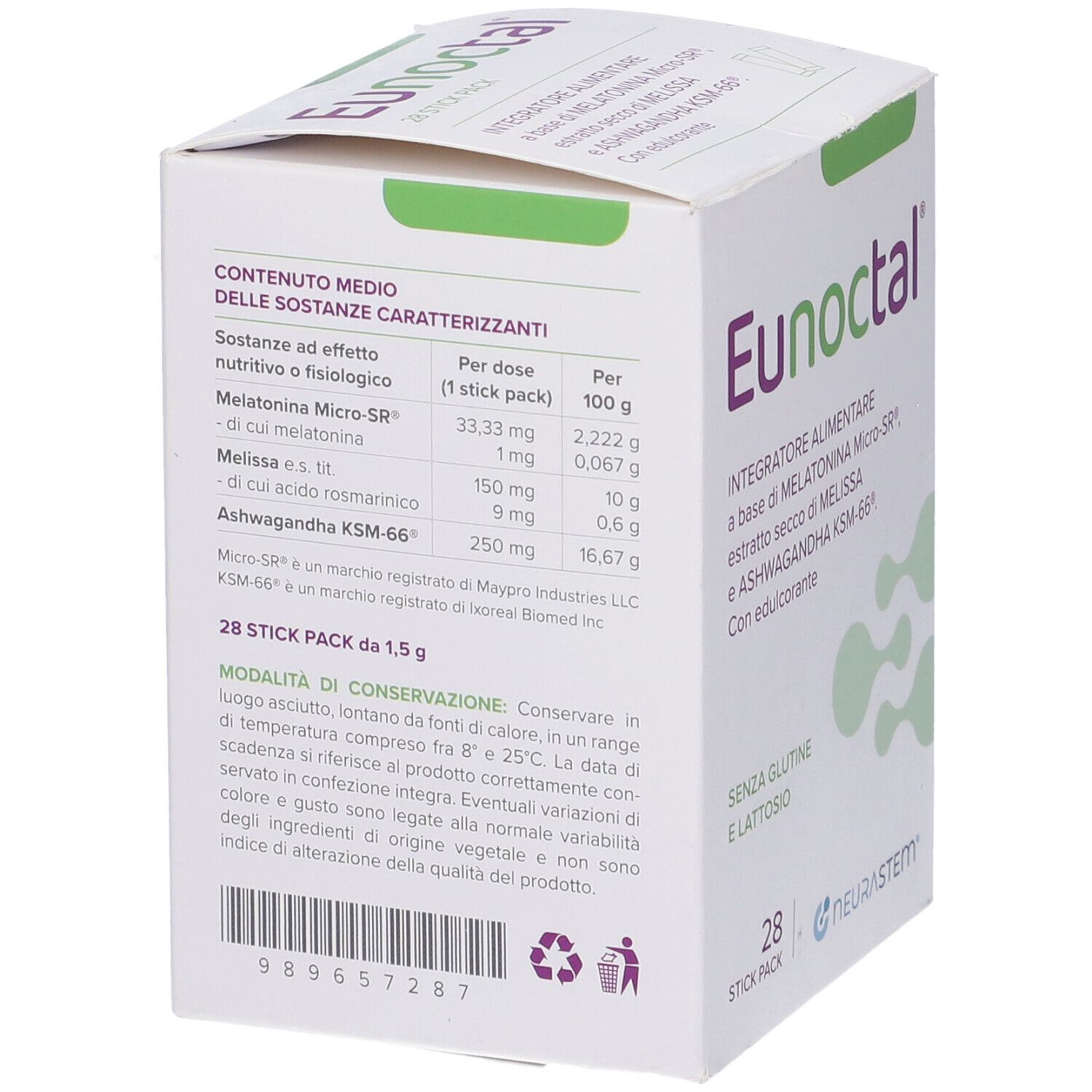 Scatola Eunoctal, 28 stick pack. Tabella valori nutrizionali e ingredienti in italiano.