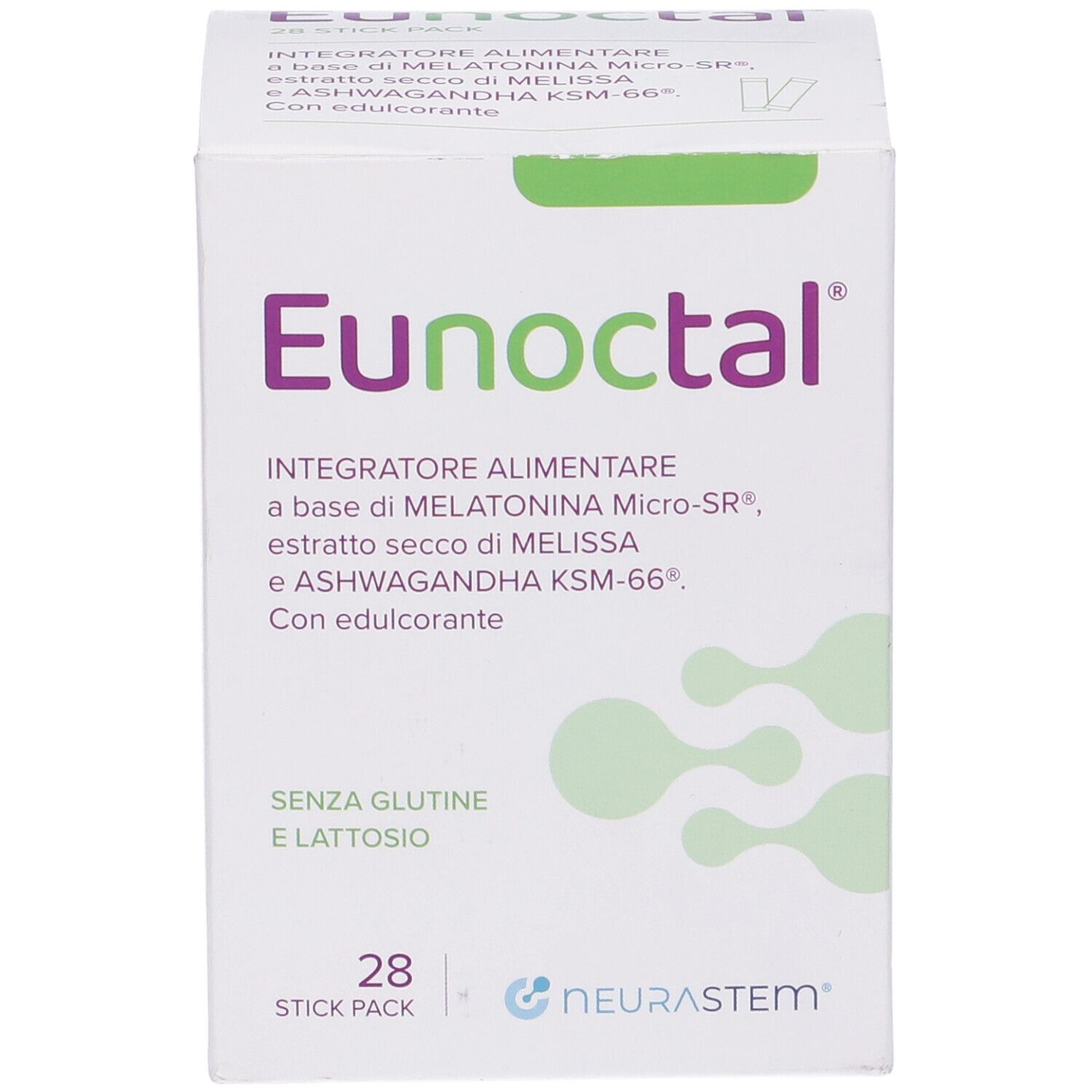 Scatola bianca Eunoctal, 28 stick pack. Nome del prodotto e logo visibili. Testo in italiano.