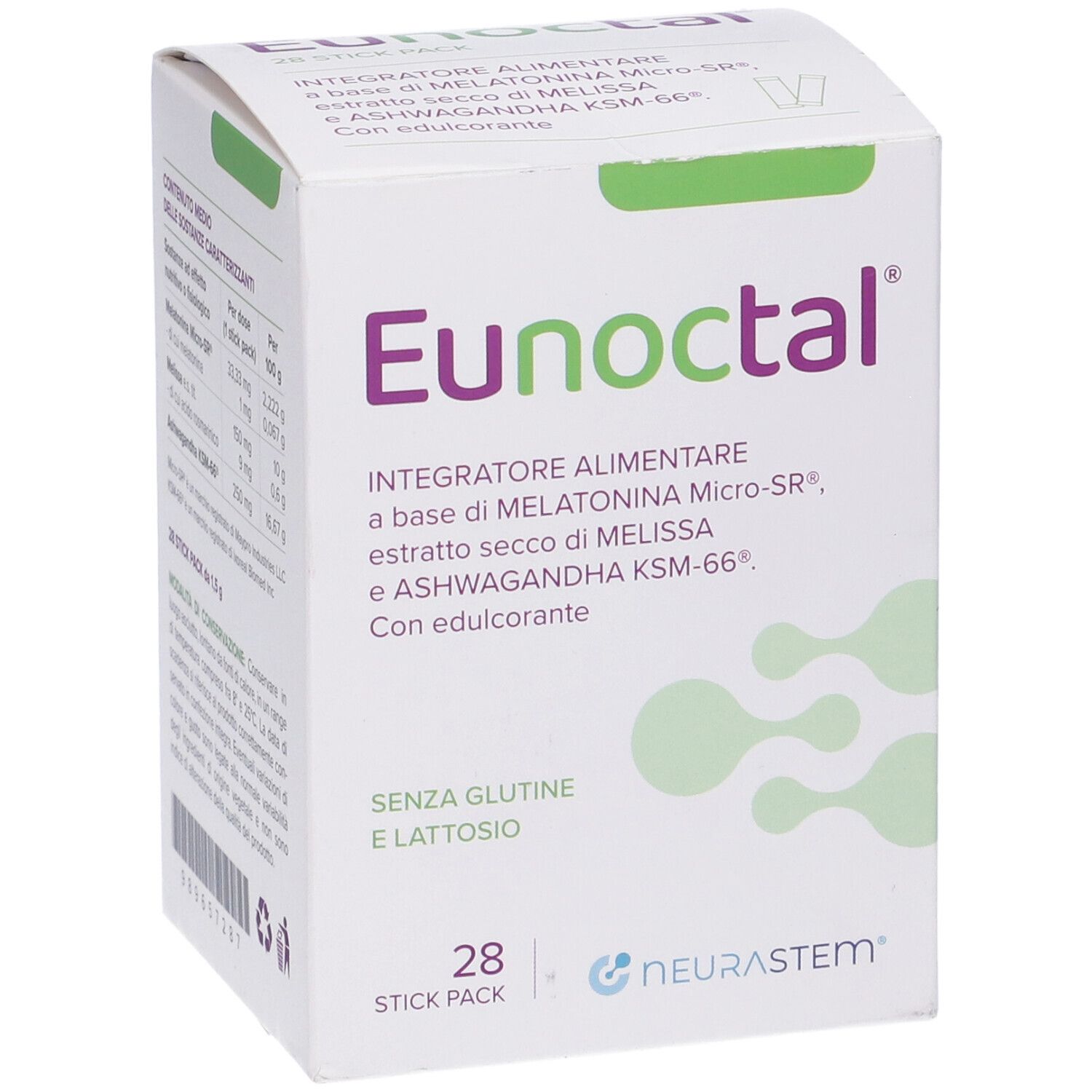 Scatola Eunoctal, 28 stick pack. Nome del prodotto e logo visibili. Testo in italiano.