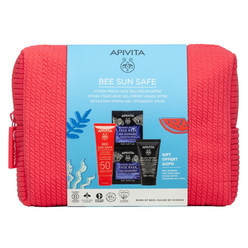 Apivita Set Crema Gel Viso Hydra Fresh SPF50 + Maschera Viso Idratante e Anti-inquinamento + Black Detox Cleansing Jelly con Pochette in Regalo