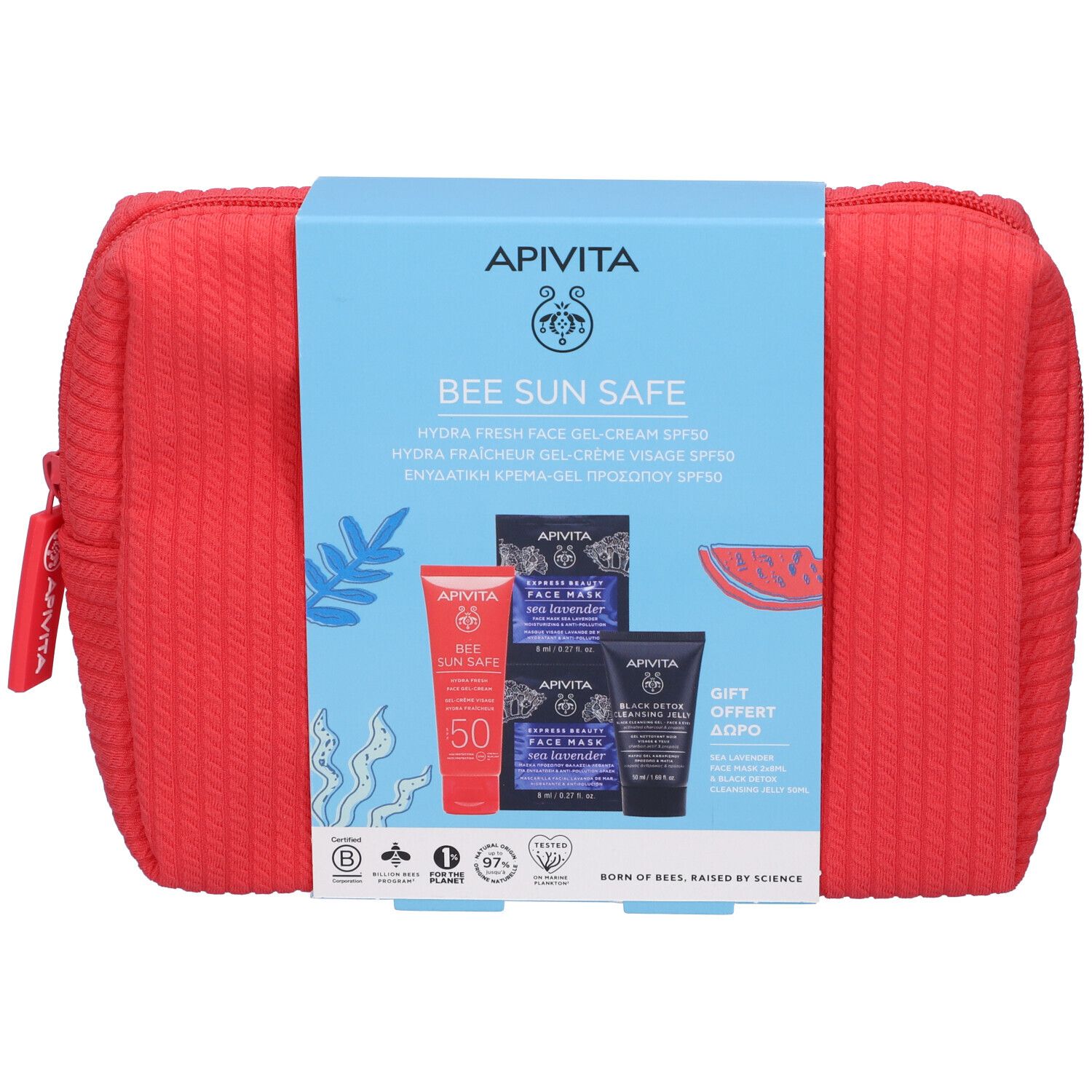 Pochette rossa con confezione prodotto. Contiene crema solare, maschera viso e gel detergente. Logo e certificazioni.