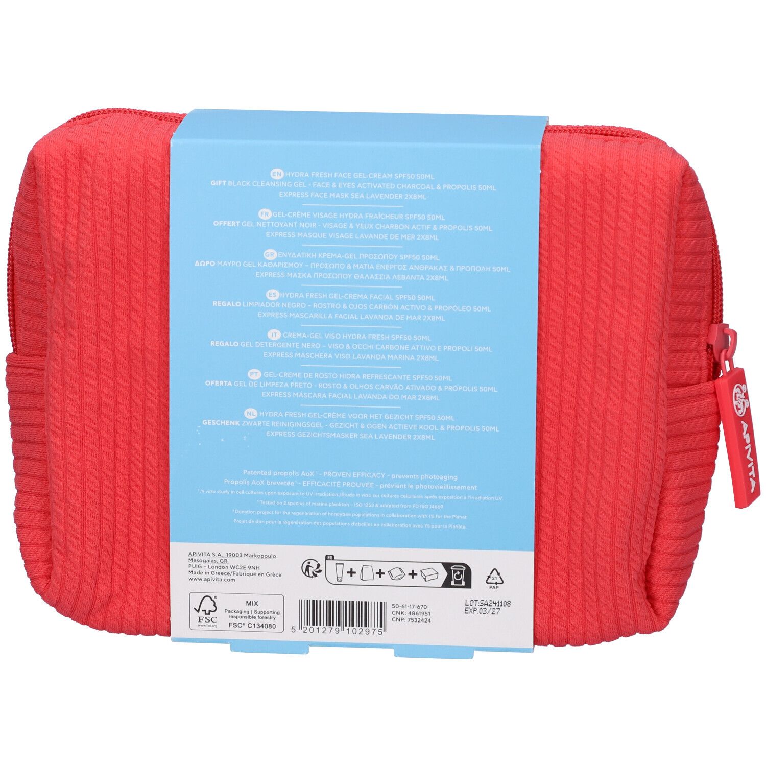 Pochette rossa, retro. Informazioni sul prodotto su etichetta blu. Logo e certificazioni.