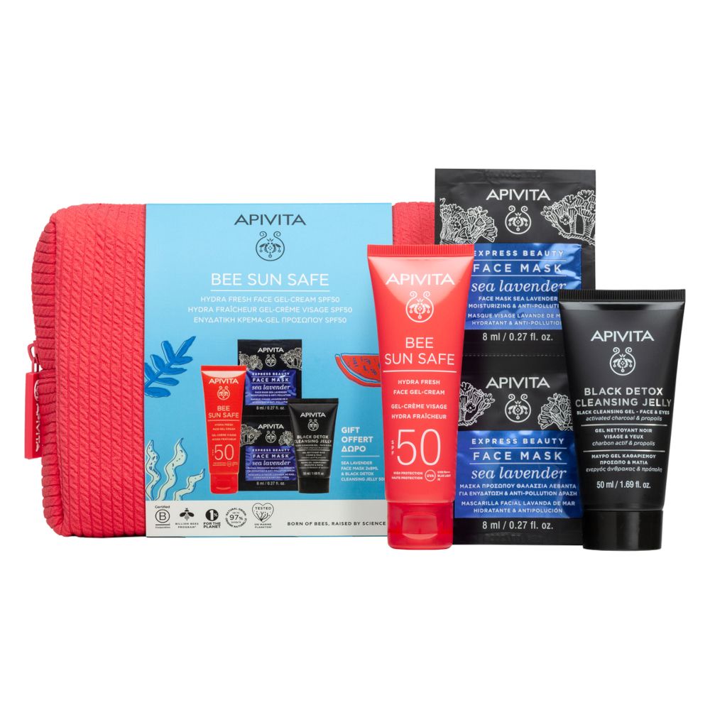 Pochette rossa con prodotti. Crema solare, maschere viso e gel detergente. Logo e nomi dei prodotti ben visibili.