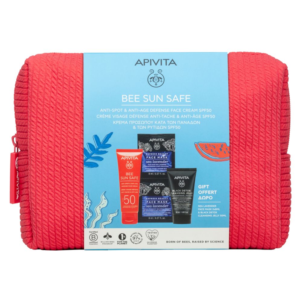 Apivita Set Crema Viso Anti-Macchia&Anti-Age SPF50 + Maschera Viso Idratante e Anti-inquinamento + Black Detox Cleansing Jelly con Pochette in Regalo