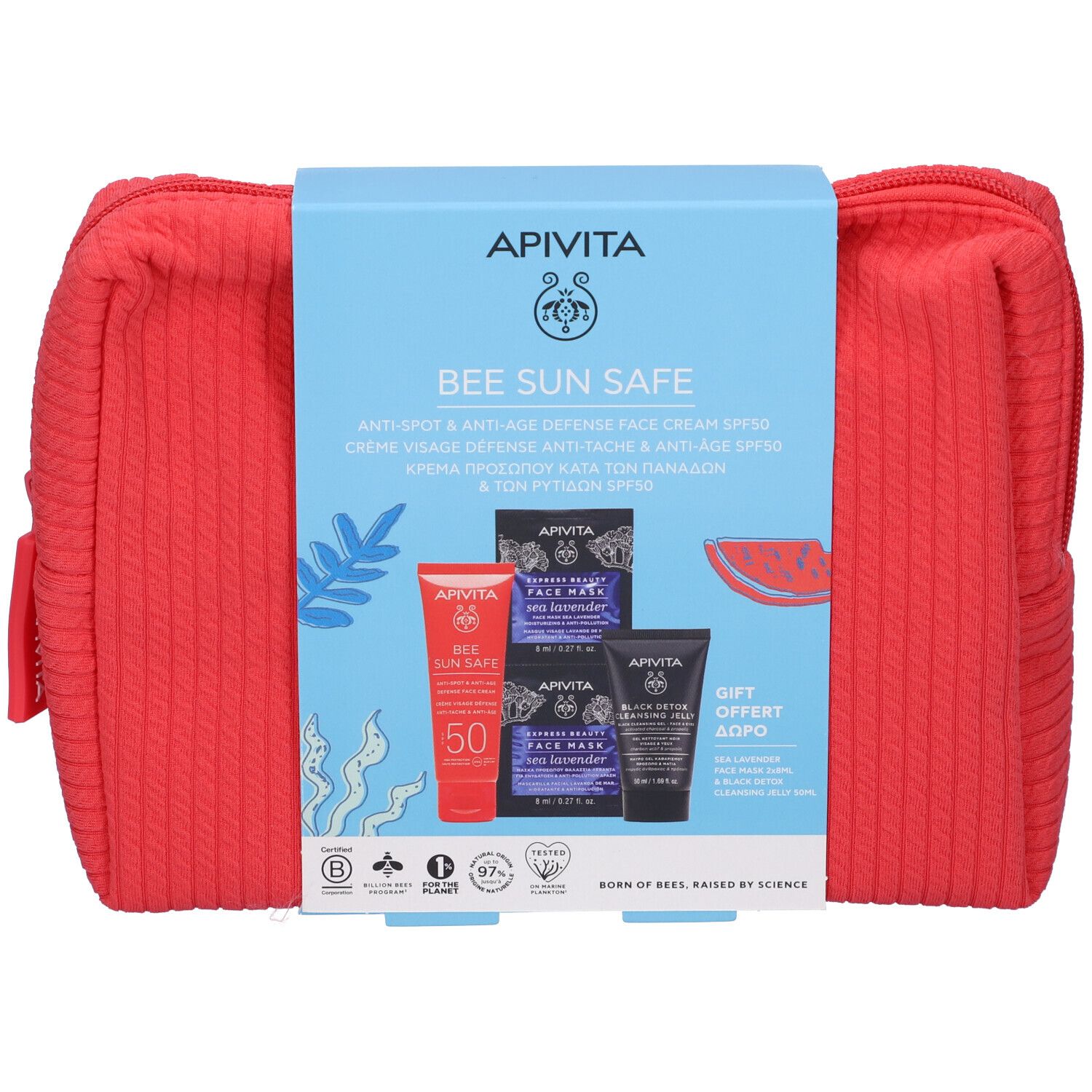 Pochette rossa con prodotti. Scritte: Apivita, Bee Sun Safe, crema anti-età, maschera viso, gel detergente. Con certificazioni.