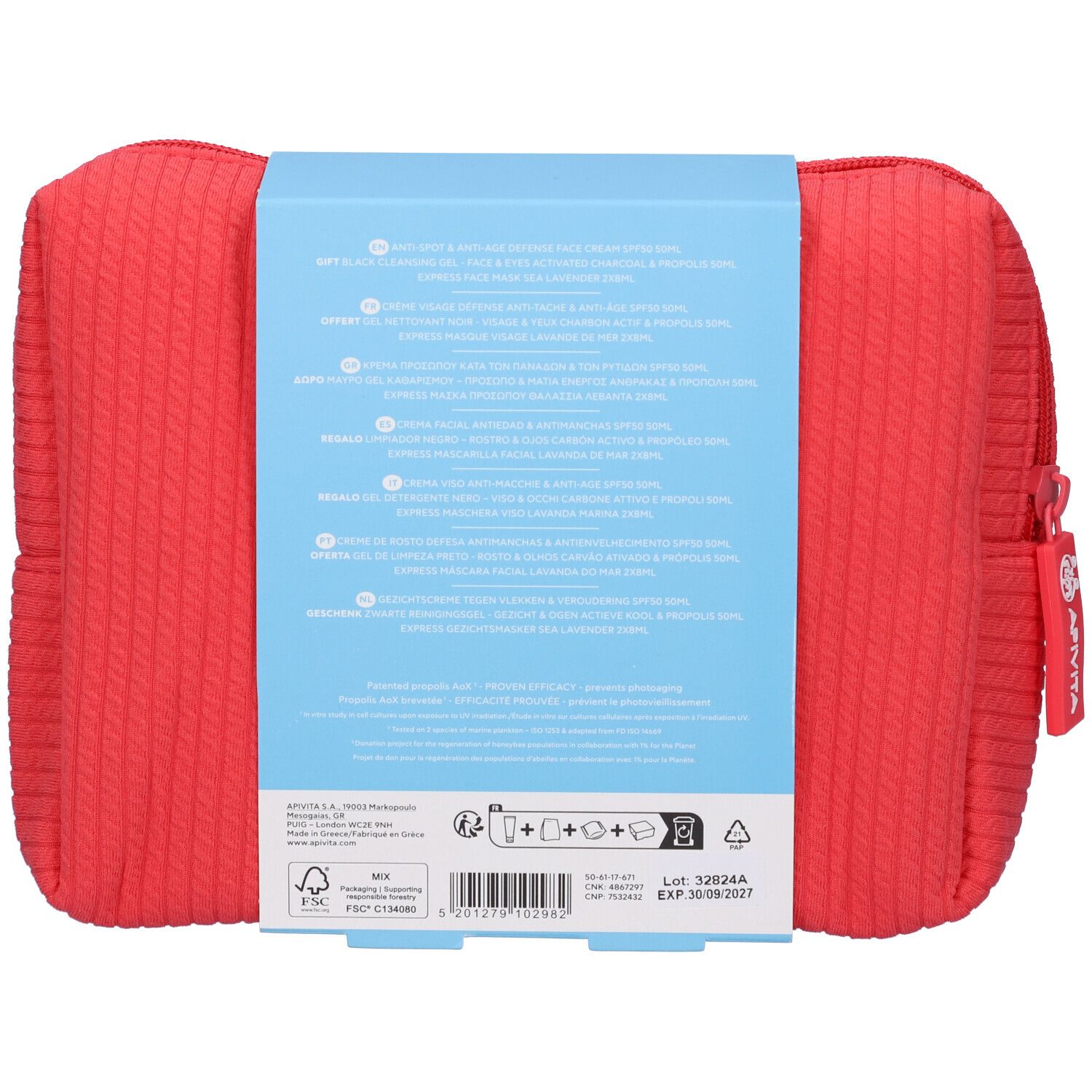 Pochette rossa, retro. Scritte con informazioni sul prodotto e loghi. Contiene informazioni sugli ingredienti e la durata.